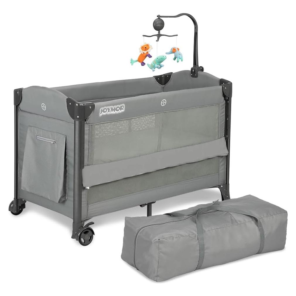 Cuna Pack and Play JOYMOR Gris 3 en 1 con Ruedas y Colchón