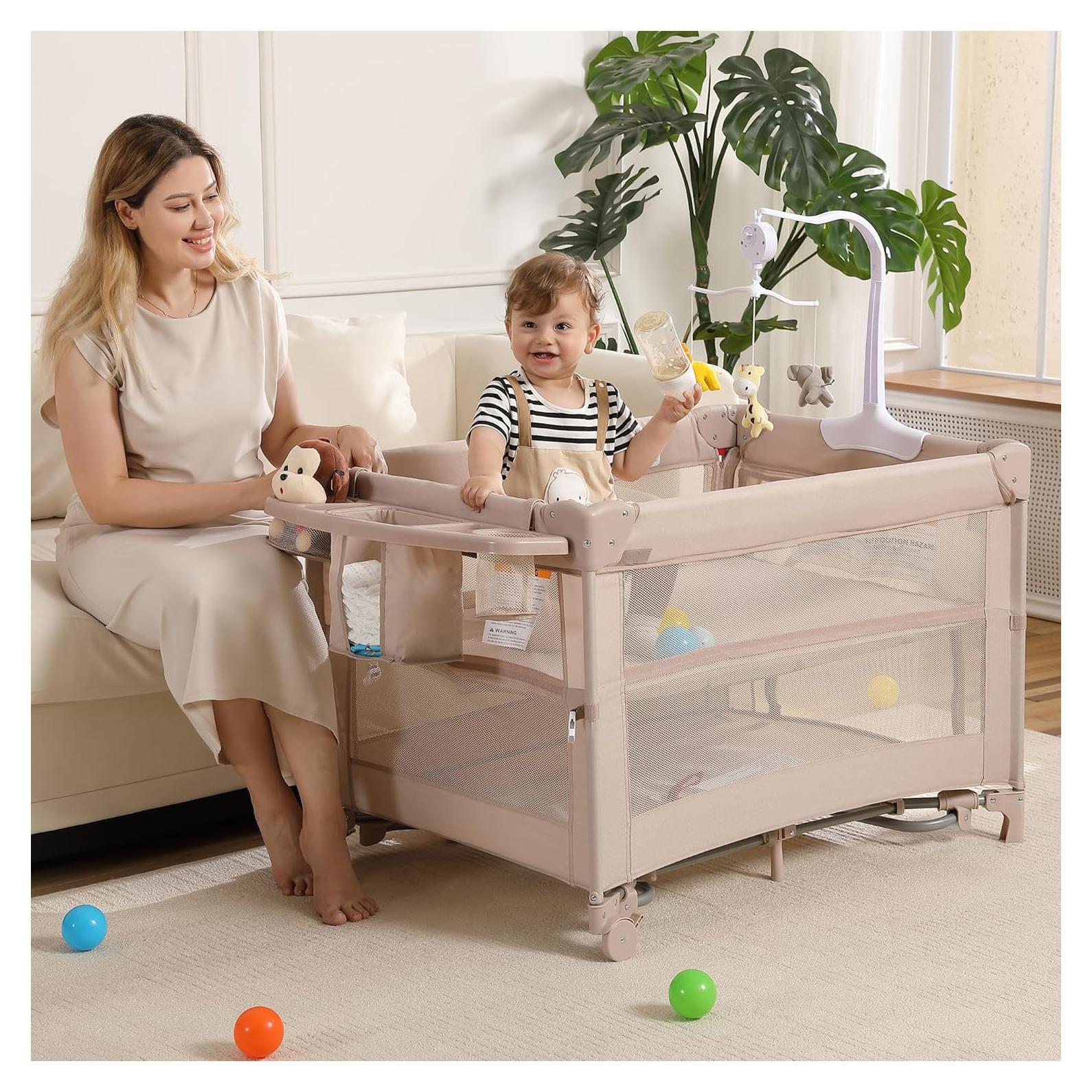 Cuna de Viaje 5 en 1 Jekeu, Parque Infantil Plegable Champán