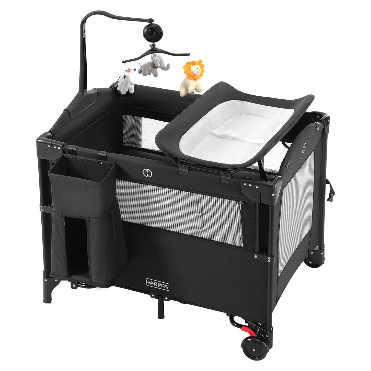 Cuna portátil 5 en 1 HARPPA negra con cambiador y ruedas