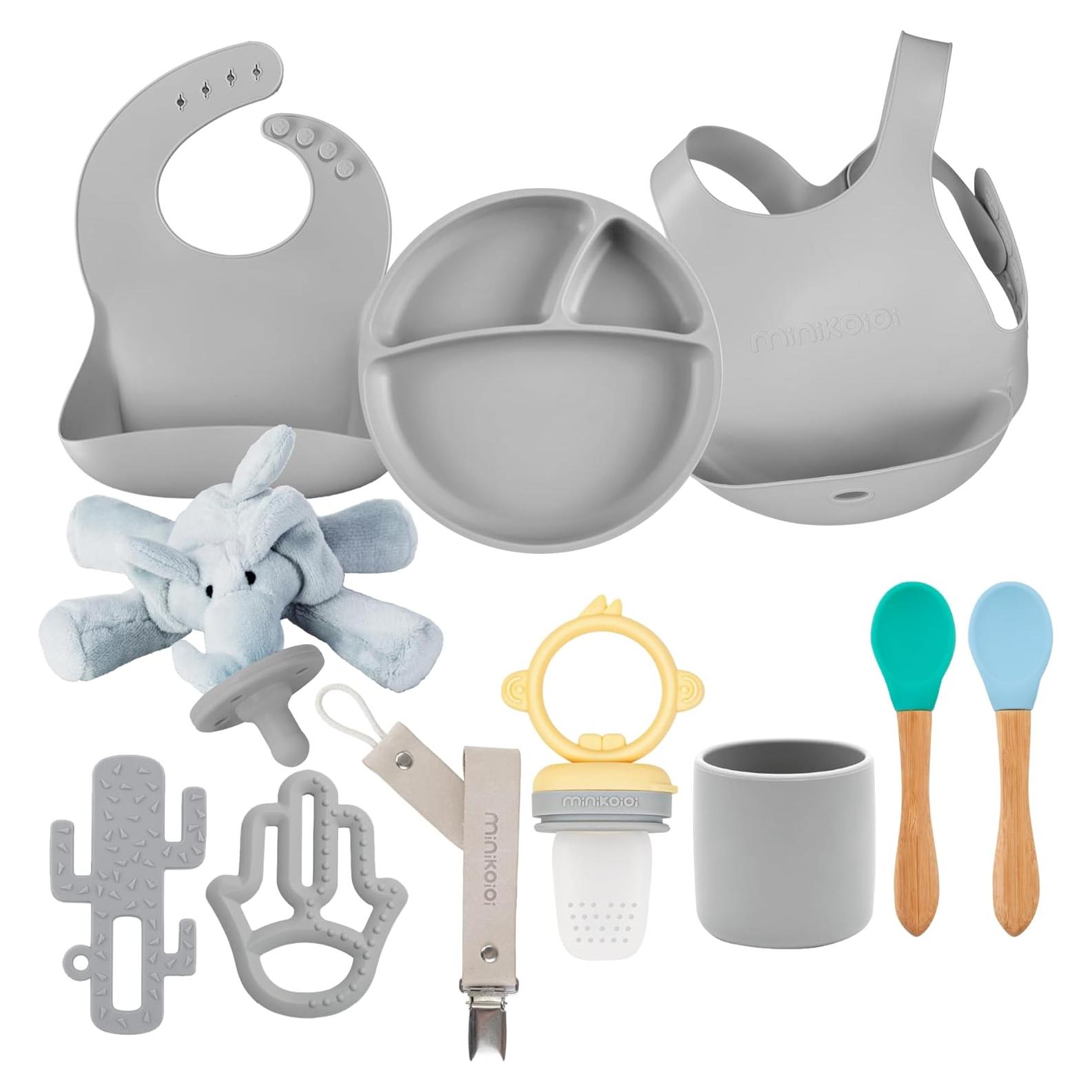 Conjunto de Alimentación de Silicona MinikOiOi Gris - Baberos, Mordedor, Plato