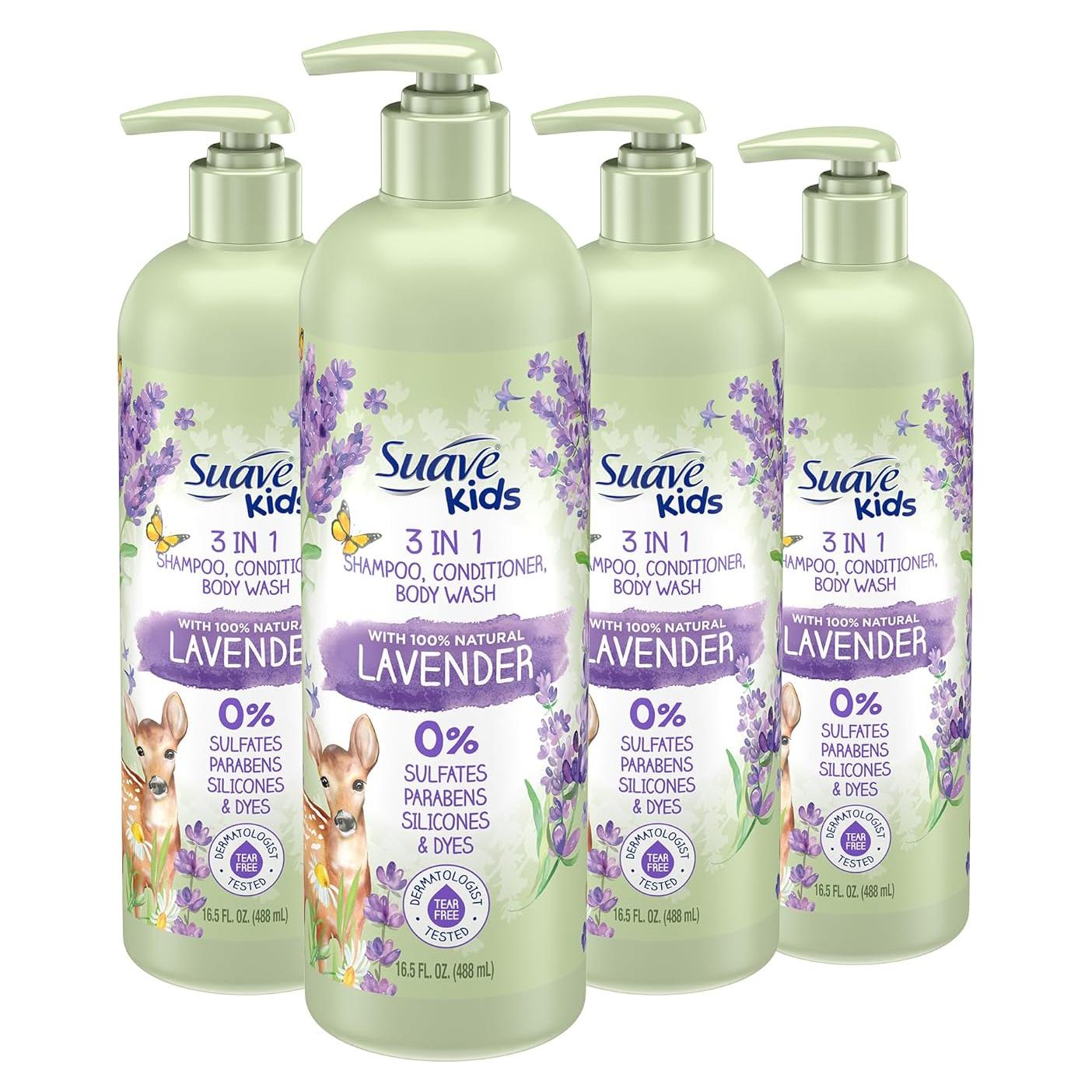 Suave Kids Champú 3-en-1 Lavanda Natural 1.89L Paquete de 4