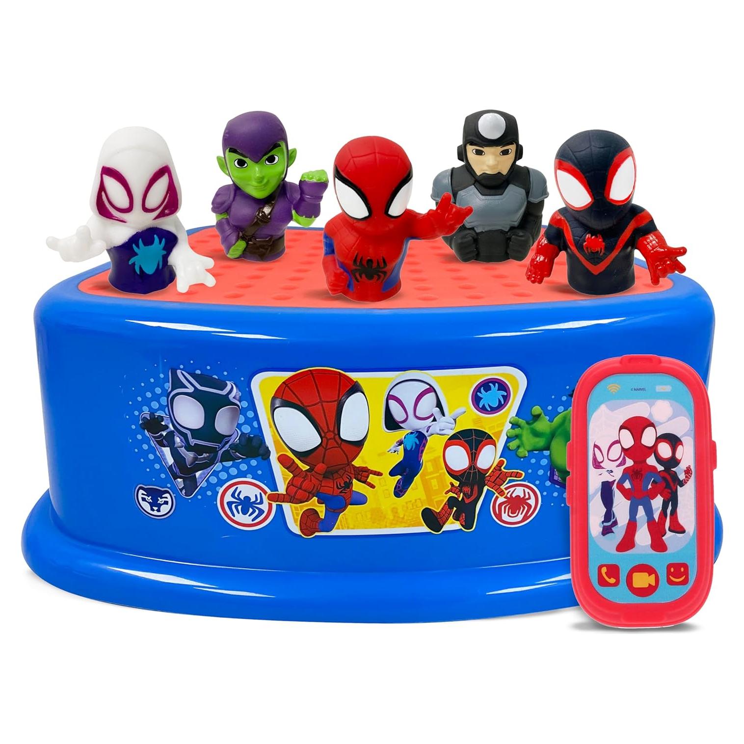 Set de Diversión en la Hora del Baño Spidey - 5 Títeres, Chorro Iluminado y Taburete