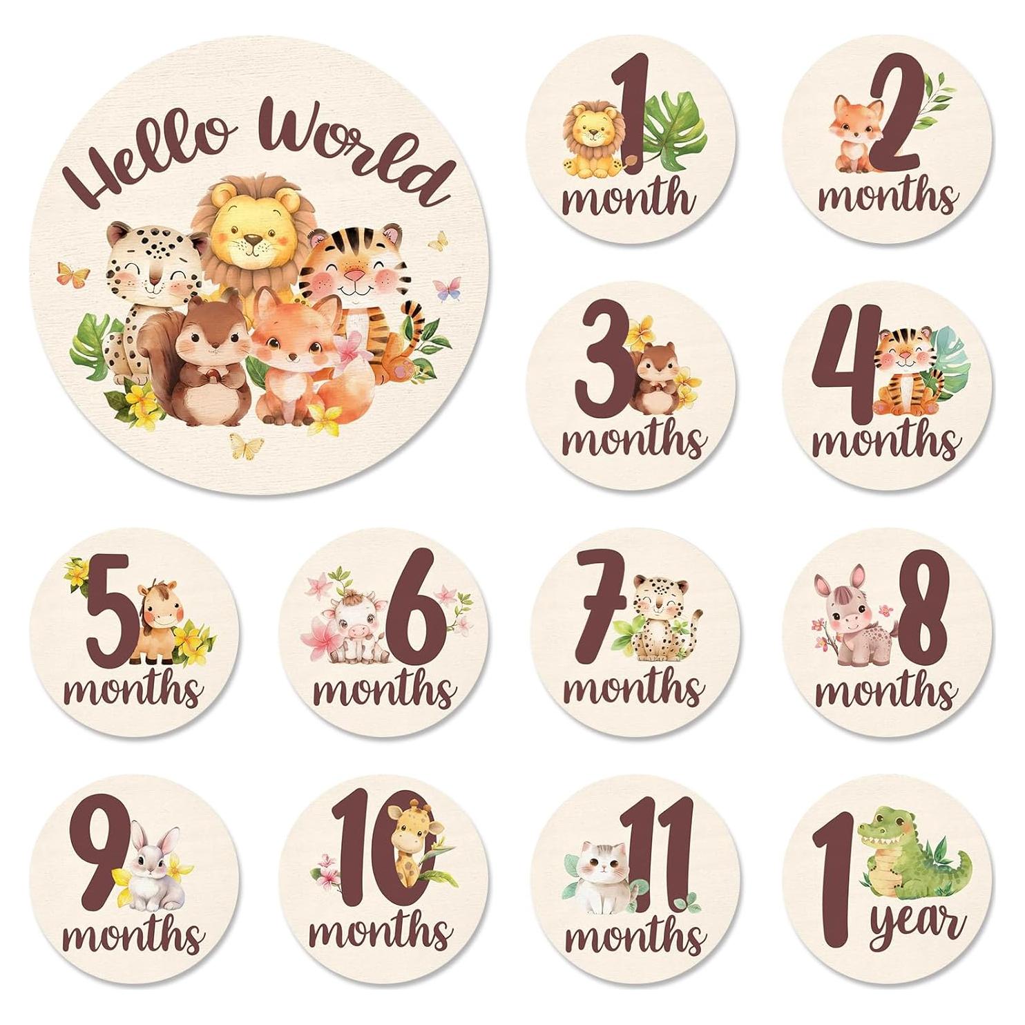 Tarjetas de Hitos Mensuales Bebé - 13 Discos de Madera Animales