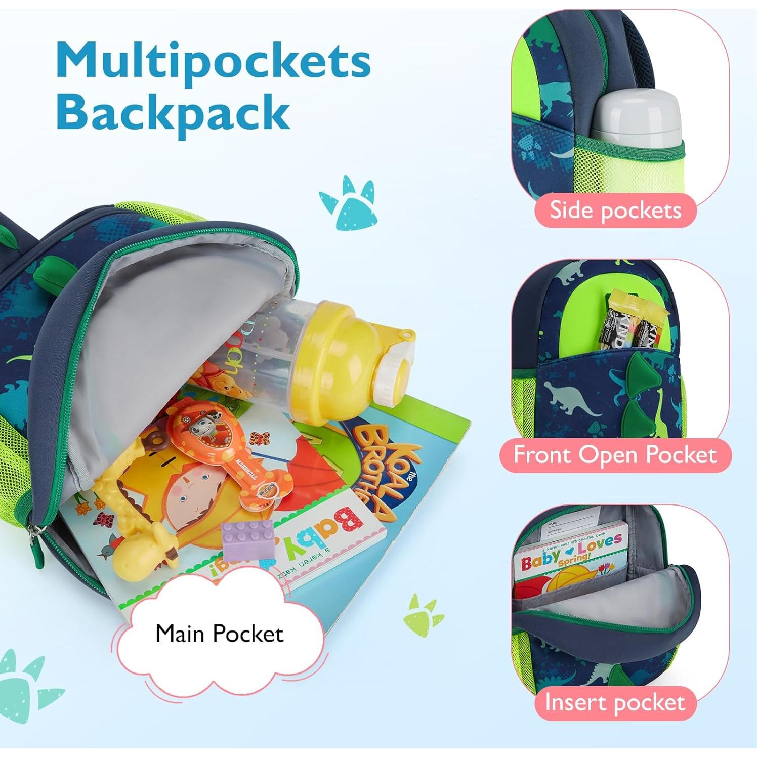 Mochila para Niños Pequeños Mommore Dinosaurio 3D Verde