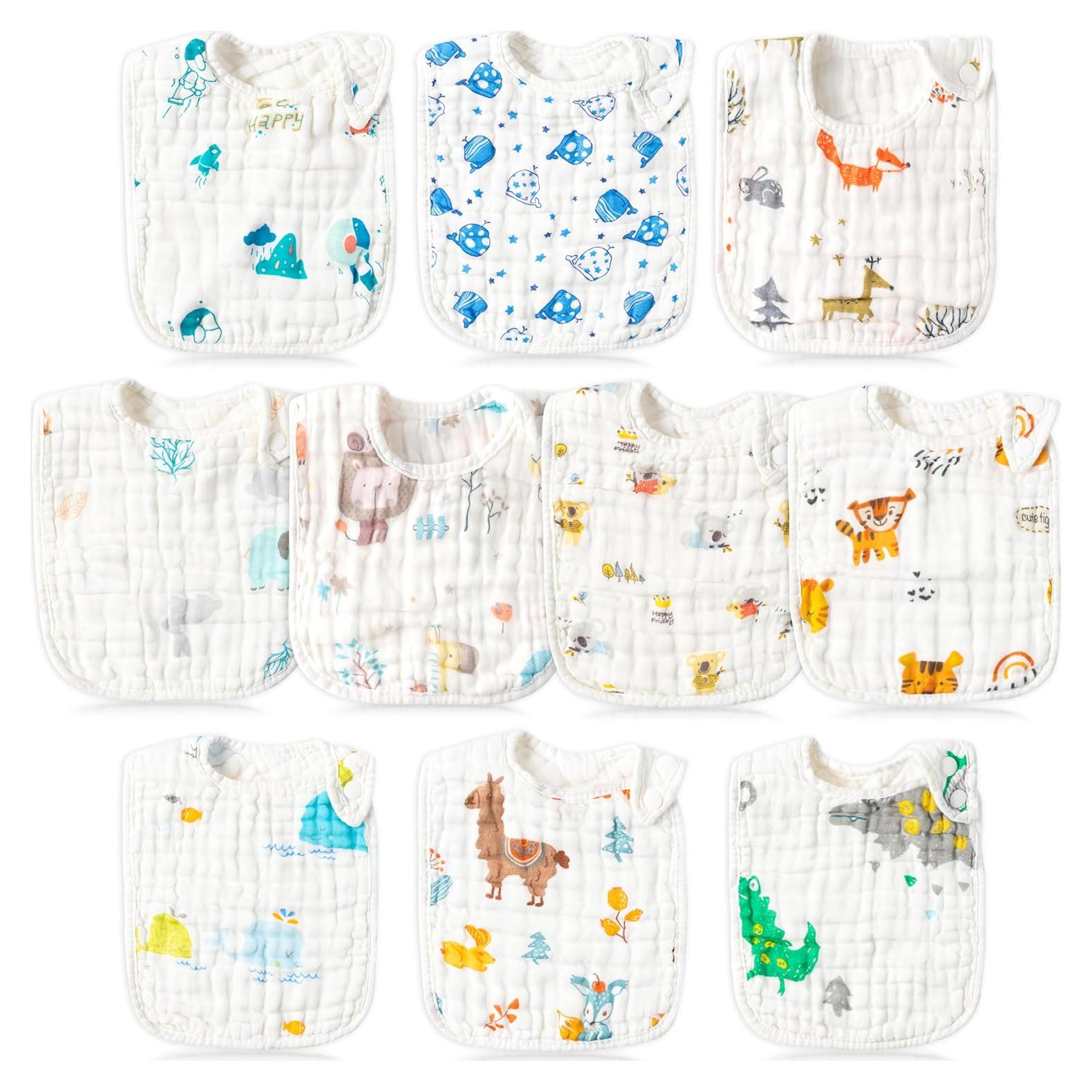 Juego de 10 Baberos de Muselina Algodón BUoonyer Ajustables