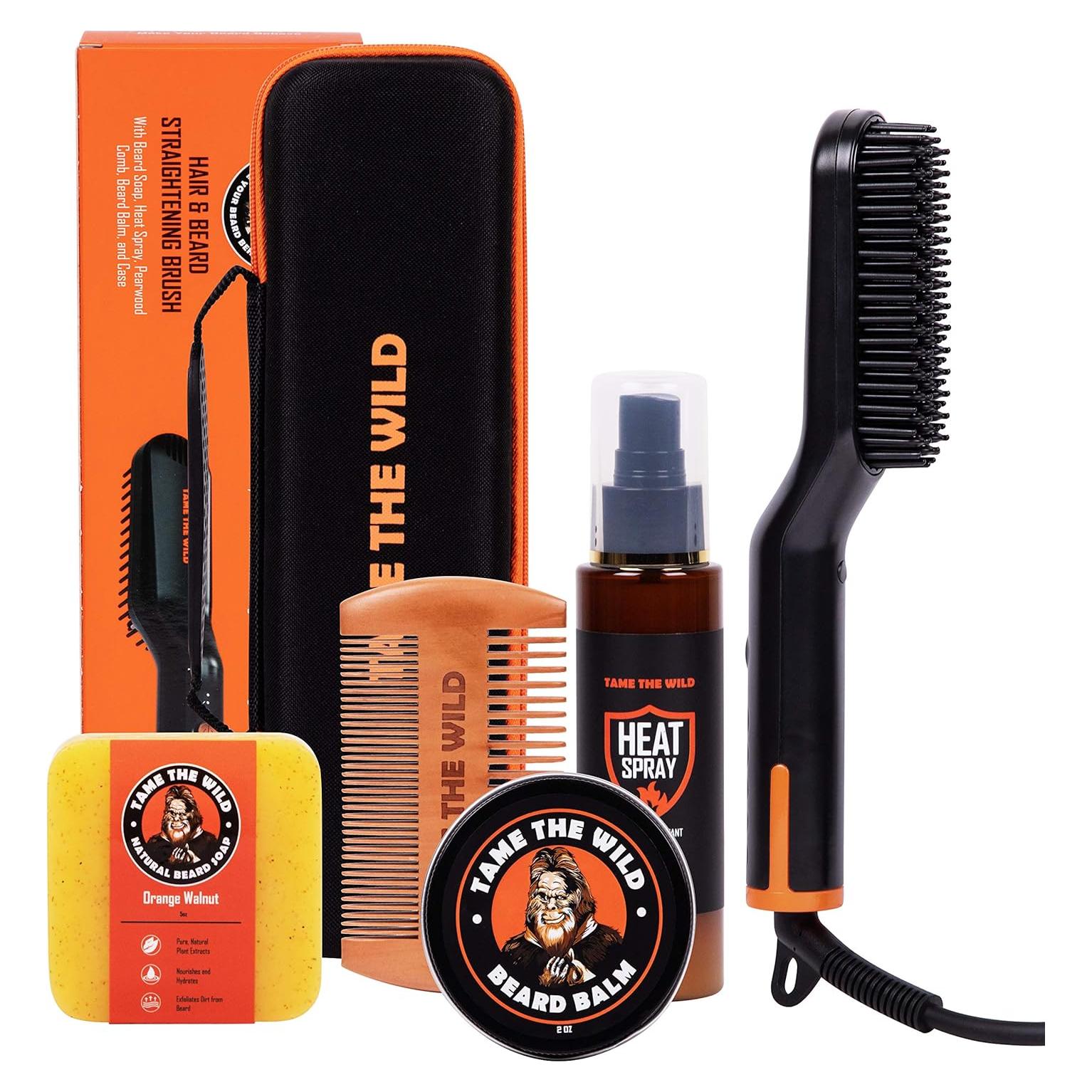 Kit de Cuidado de Barba Premium Domina la Naturaleza - Cepillo Calentado, Jabón, Balsamo y Estuche