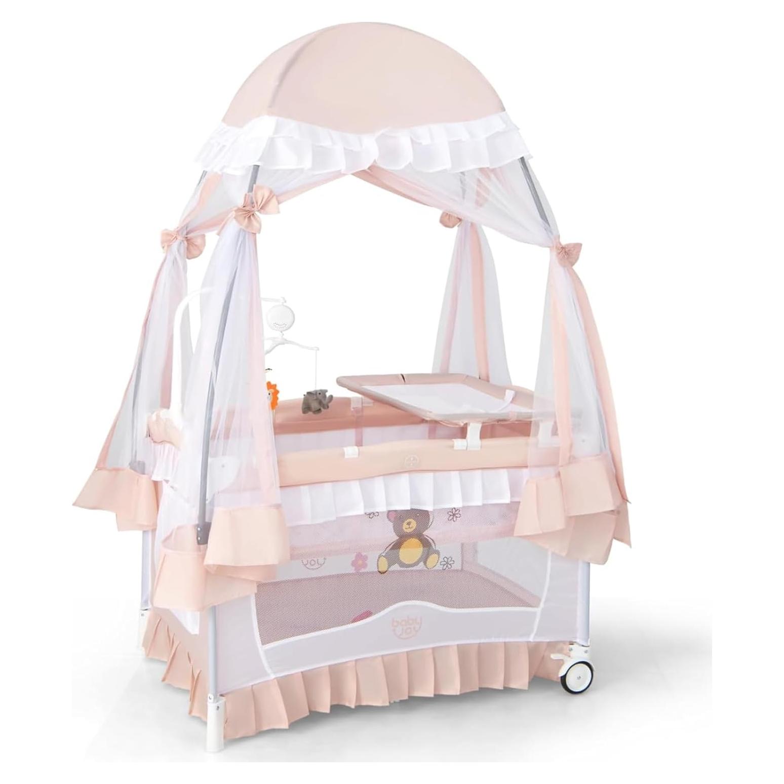 Cuna portátil 4 en 1 BABY JOY con dosel rosa y ruedas
