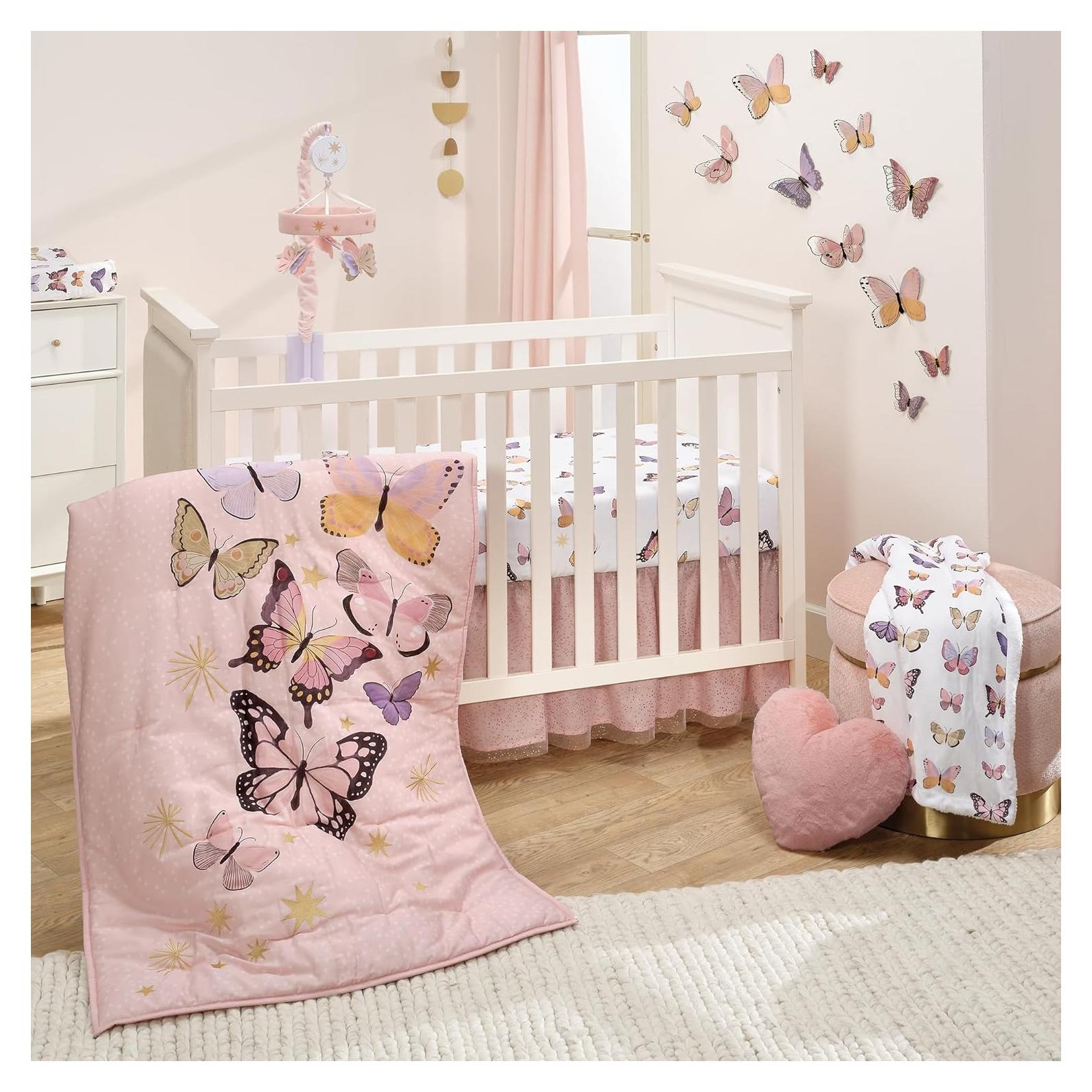 Conjunto de Ropa de Cuna 3 Piezas Lambs & Ivy Mariposa Rosa/Oro