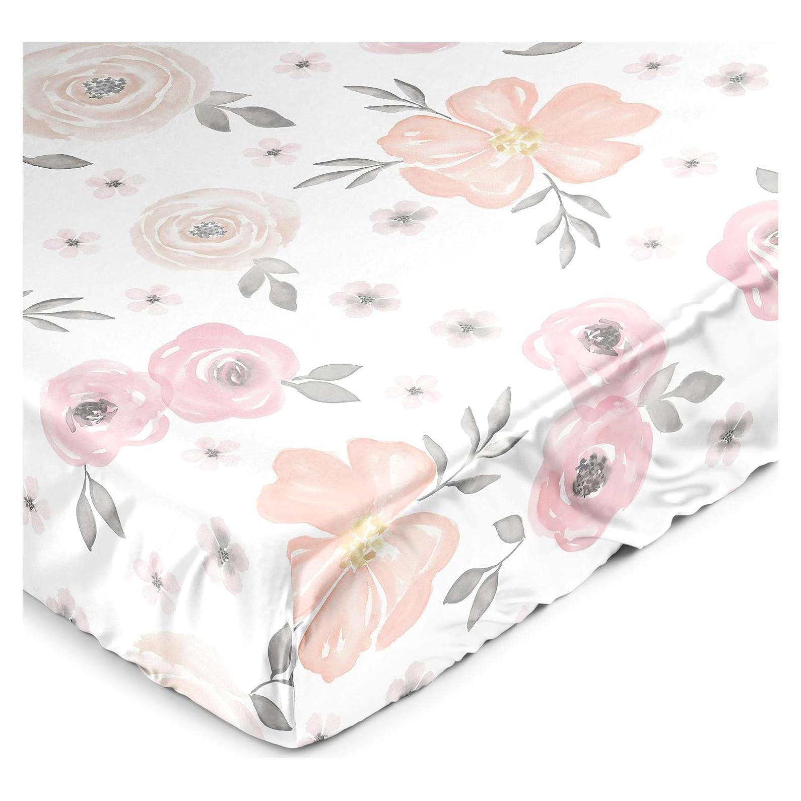 Hoja de Cuna Ajustada de Satén Sweet Jojo Rosa y Gris Floral