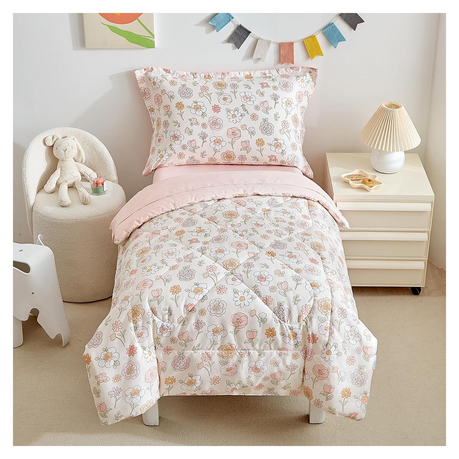 Conjunto de Edredón Floral DuShow 4 Piezas Microfibra Rosa