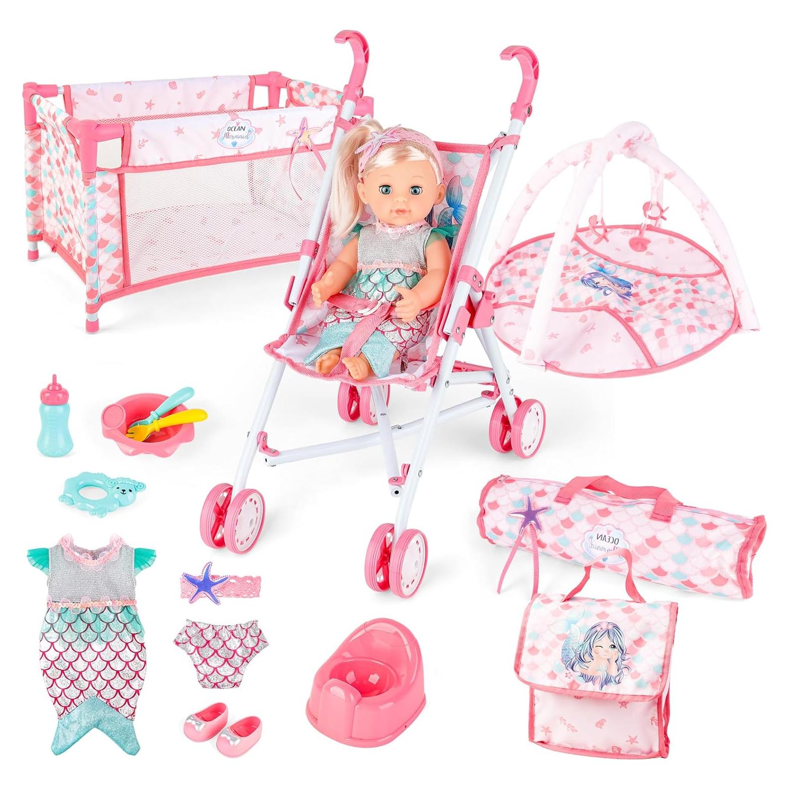 Carrito de Muñecas Plegable deAO con Accesorios y Alfombra