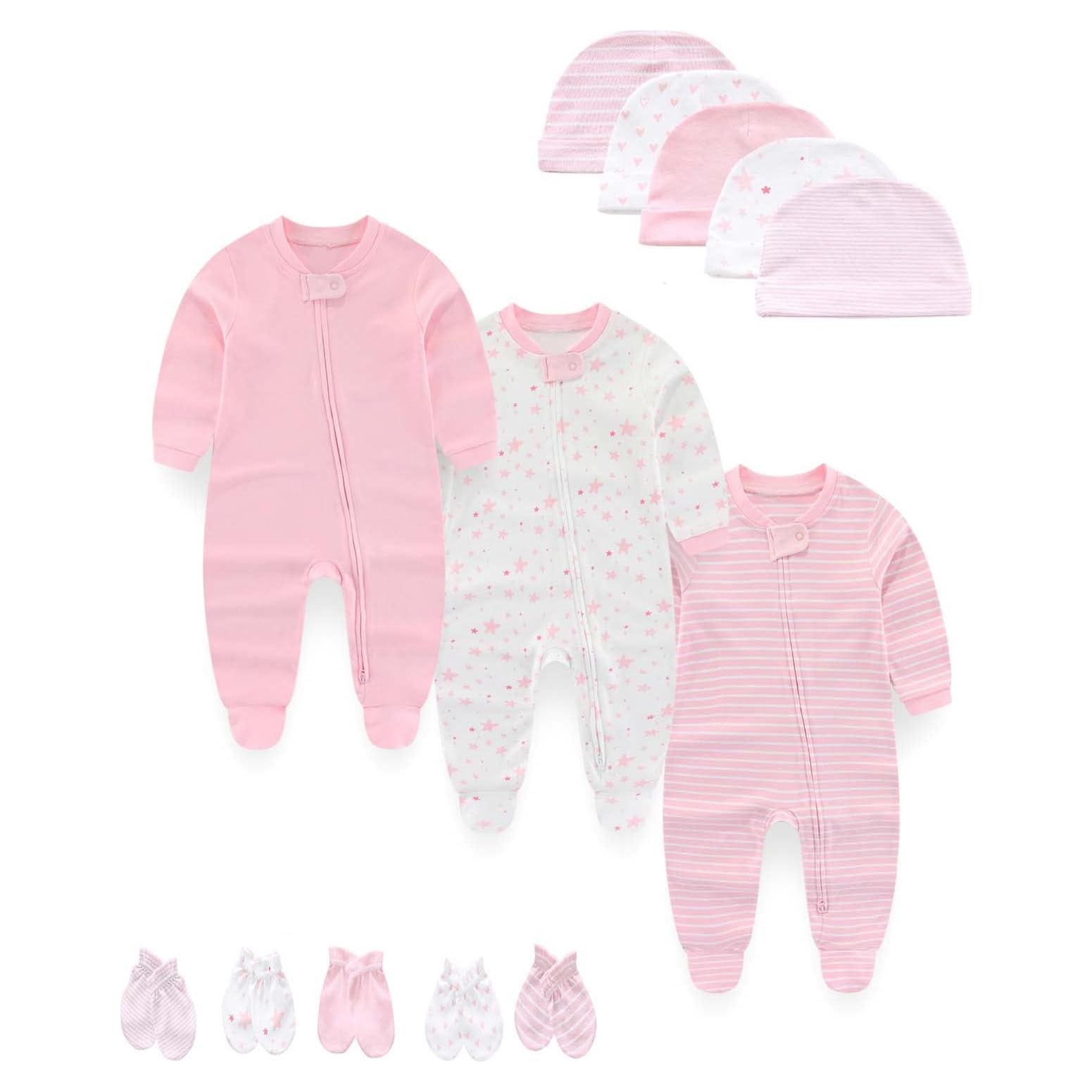 Conjunto Ropa Bebé 100% Algodón Rosa 0-3 Meses con Gorras y Manoplas