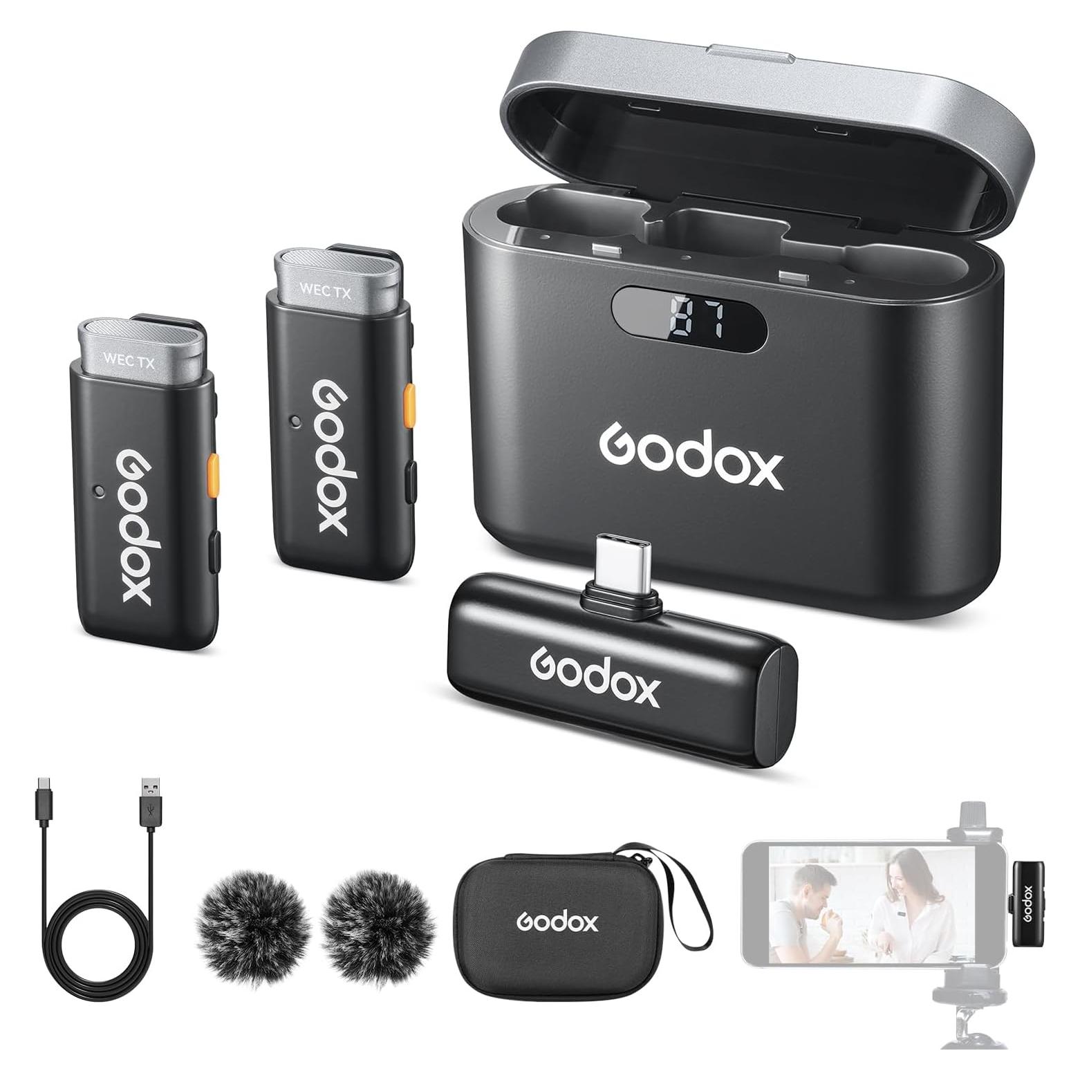 Micrófono Inalámbrico Lavalier Godox WES2 para Cámara y Smartphone