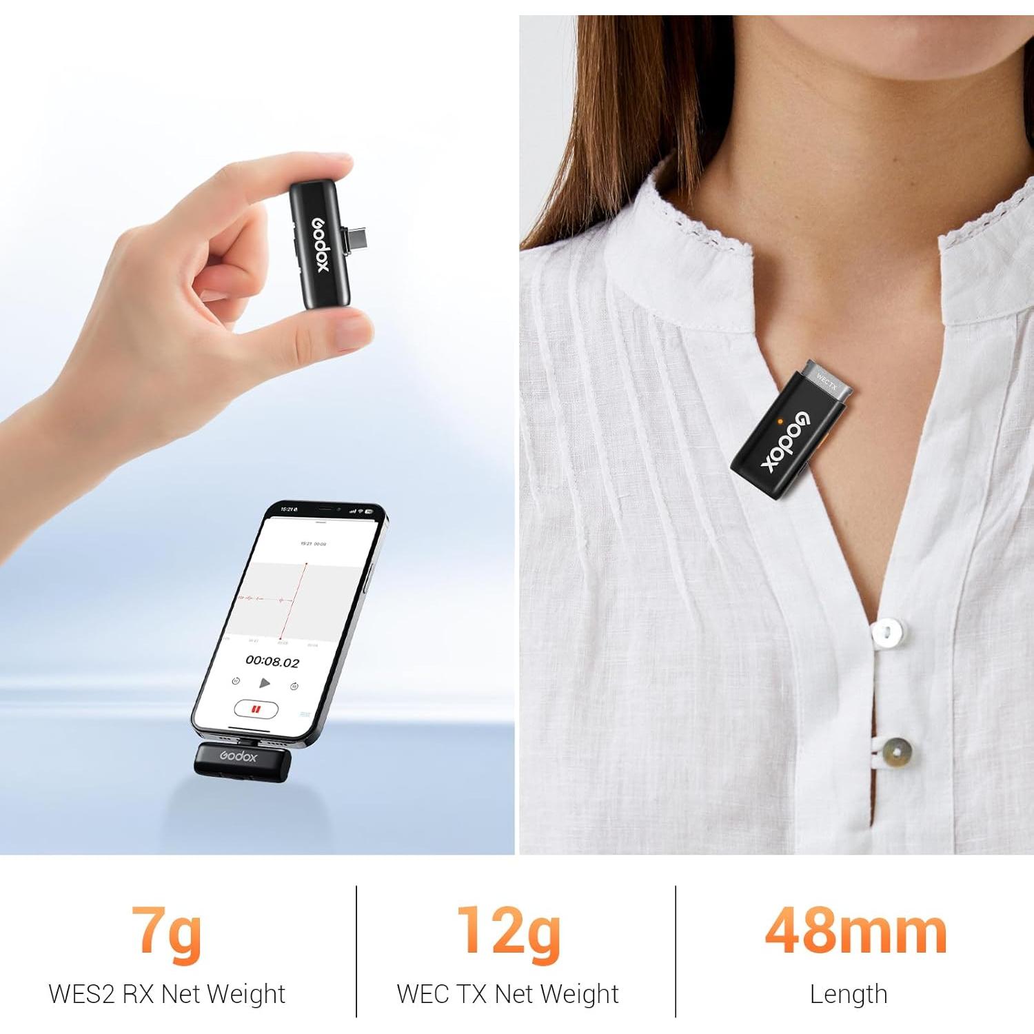 Micrófono Inalámbrico Lavalier Godox WES2 para Cámara y Smartphone