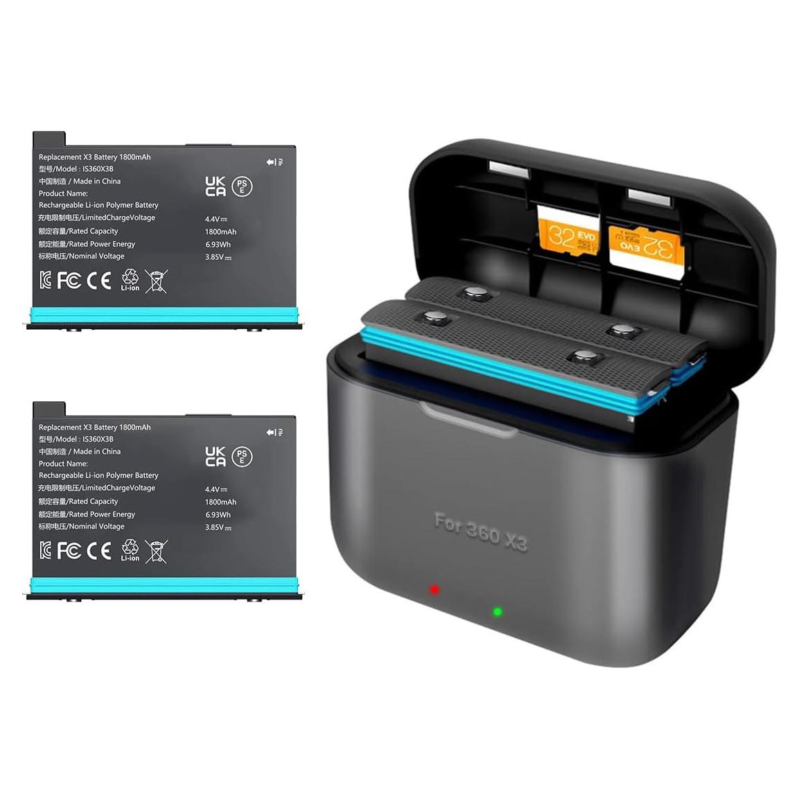 2 Baterías de Reemplazo 1800mAh con Hub Cargador NBZZ para Insta360 X3