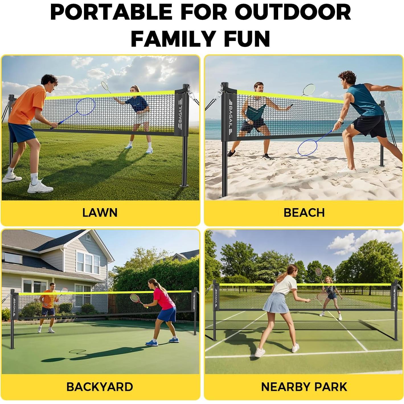 Conjunto de Bádminton BAGAIL con Red 6.1m x 1.5m y 4 Raquetas