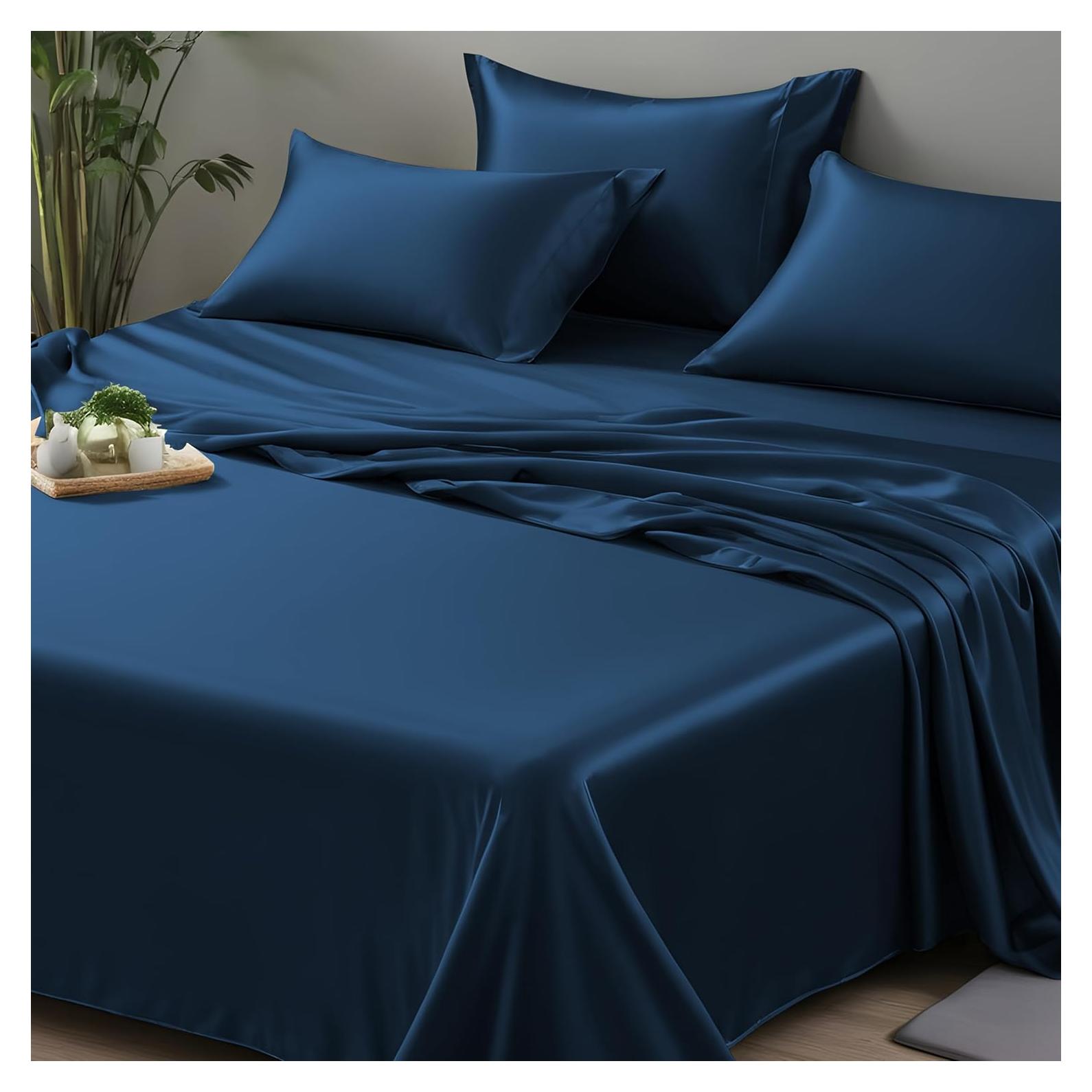 Sábana Plana Queen Linenwalas - Rayón de Bambú Azul Marino