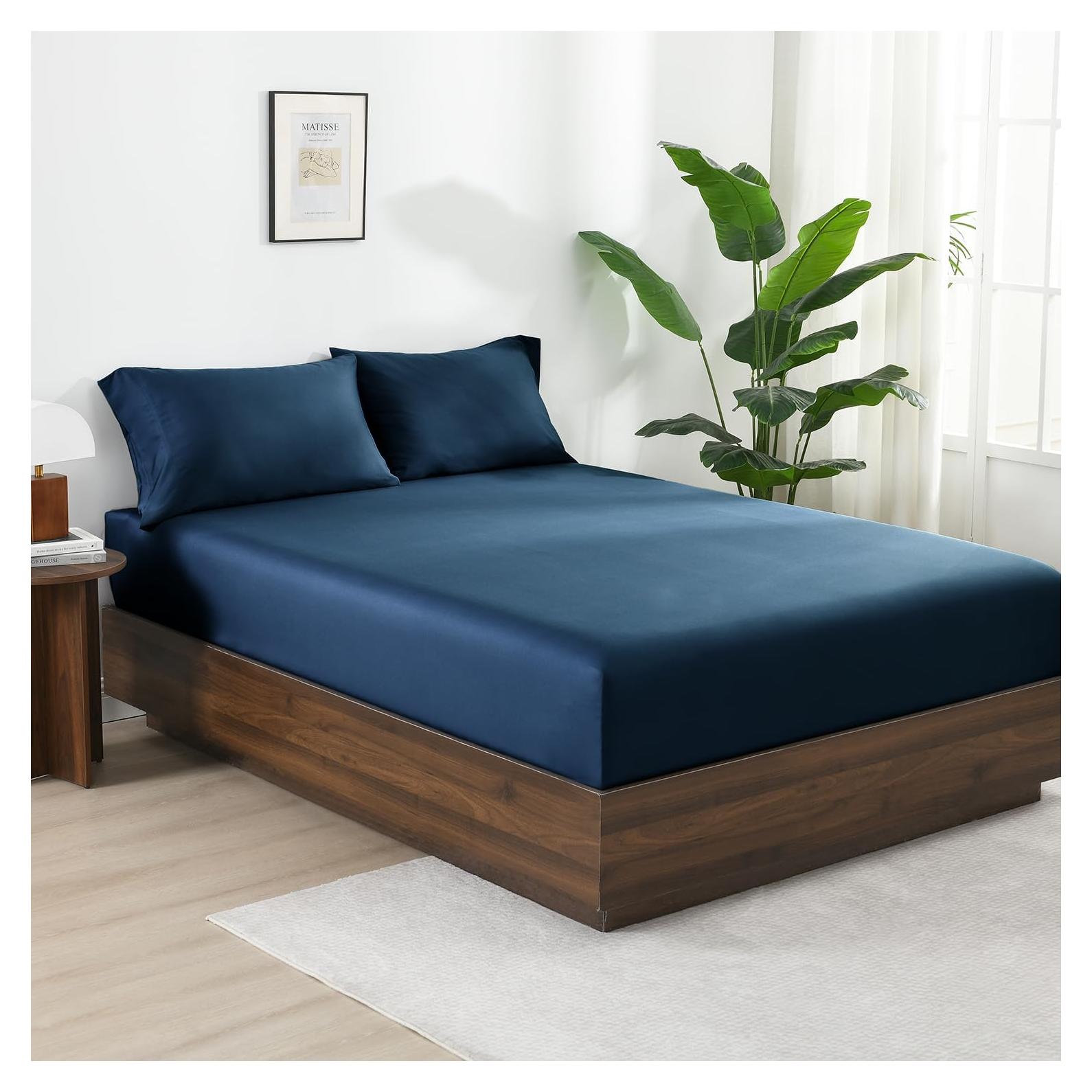 Sábana Ajustable King 100% Viscosa Bambú Rosecret Azul Marino