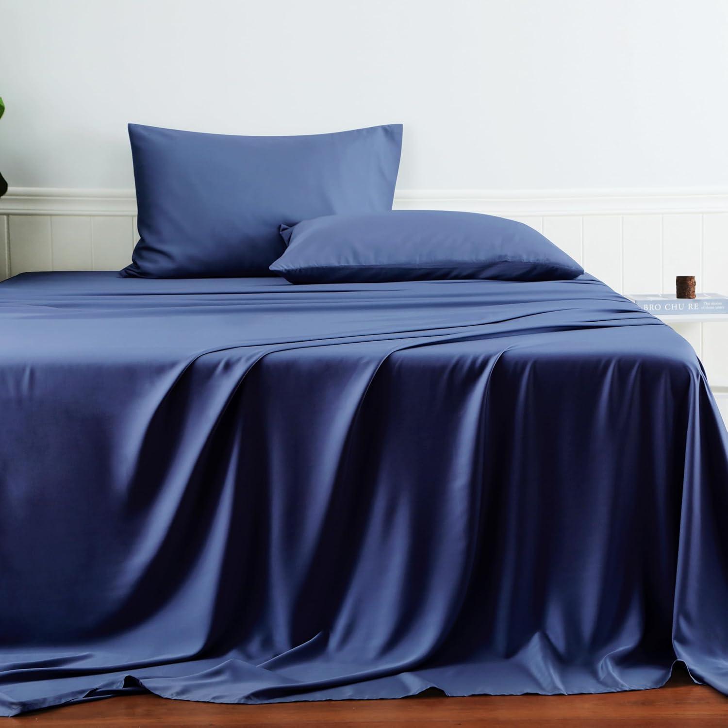 Sábana Plana Completa Zaizaihome Viscosa de Bambú Azul Marino