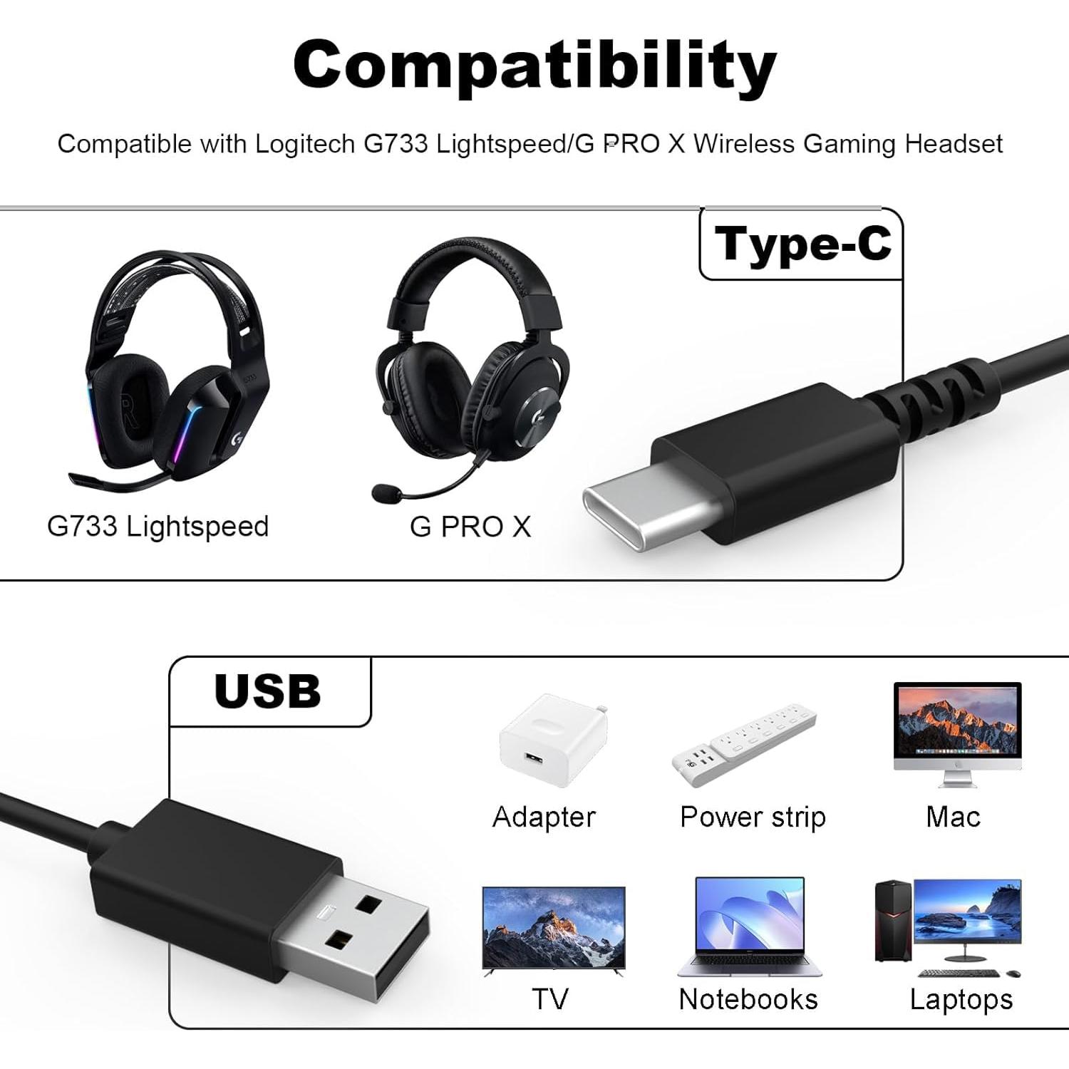 Cable de Carga USB Tipo C 1.8m Tobysome para Logitech G733