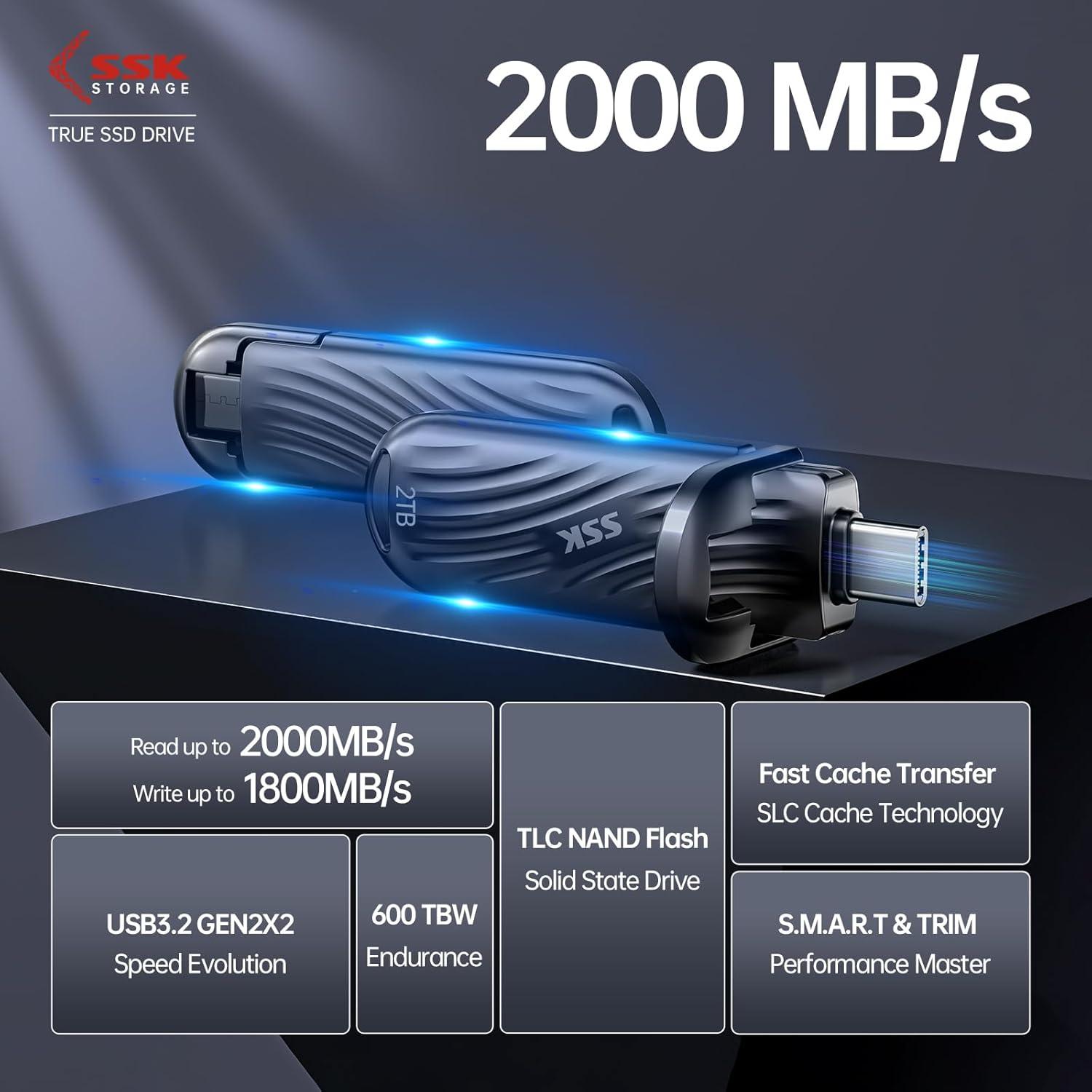 SSK 2TB SSD Externo USB-C 2000MB/s Portátil Negro