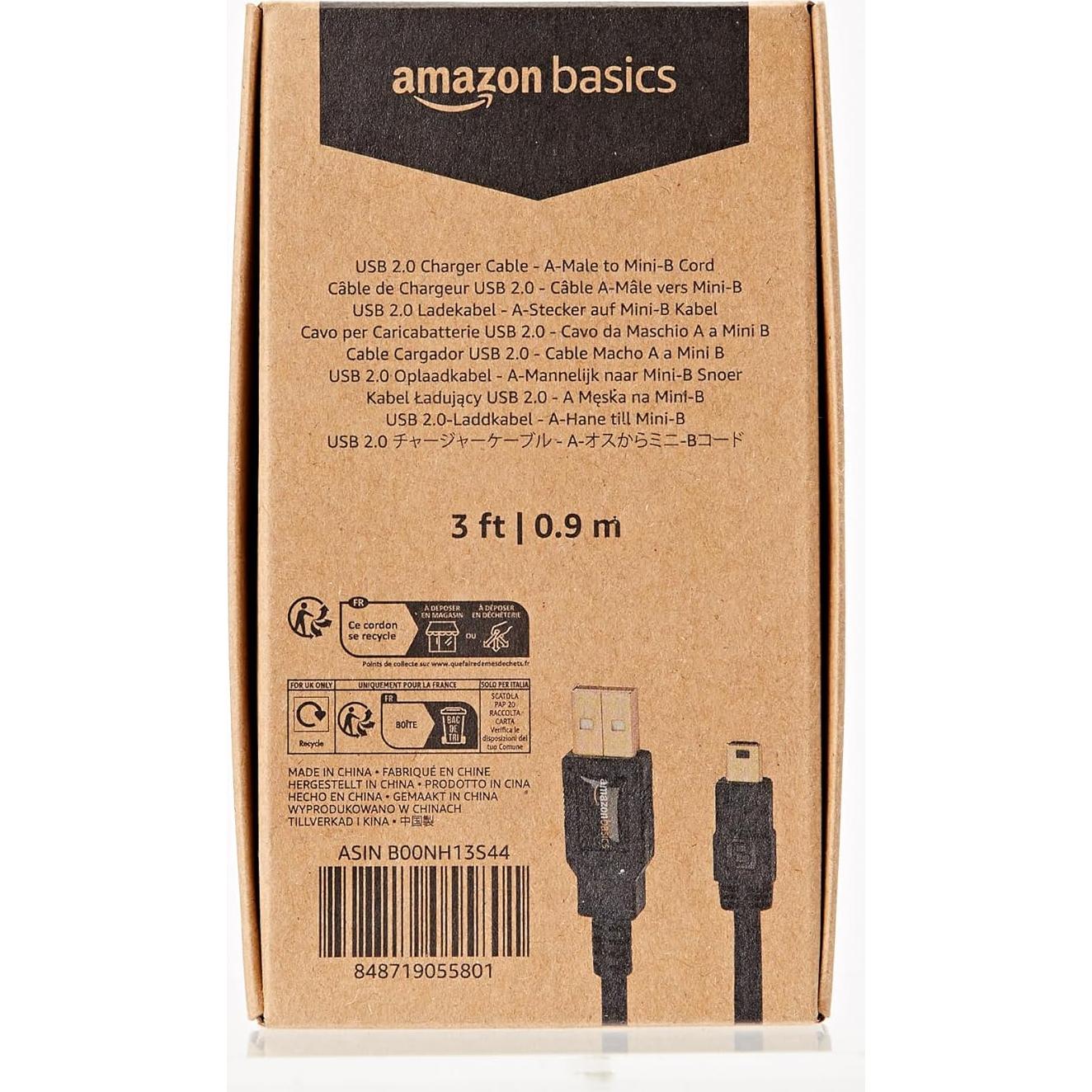 Cable USB 2.0 A-Macho a Mini-B Amazon Basics 0.9m Negro