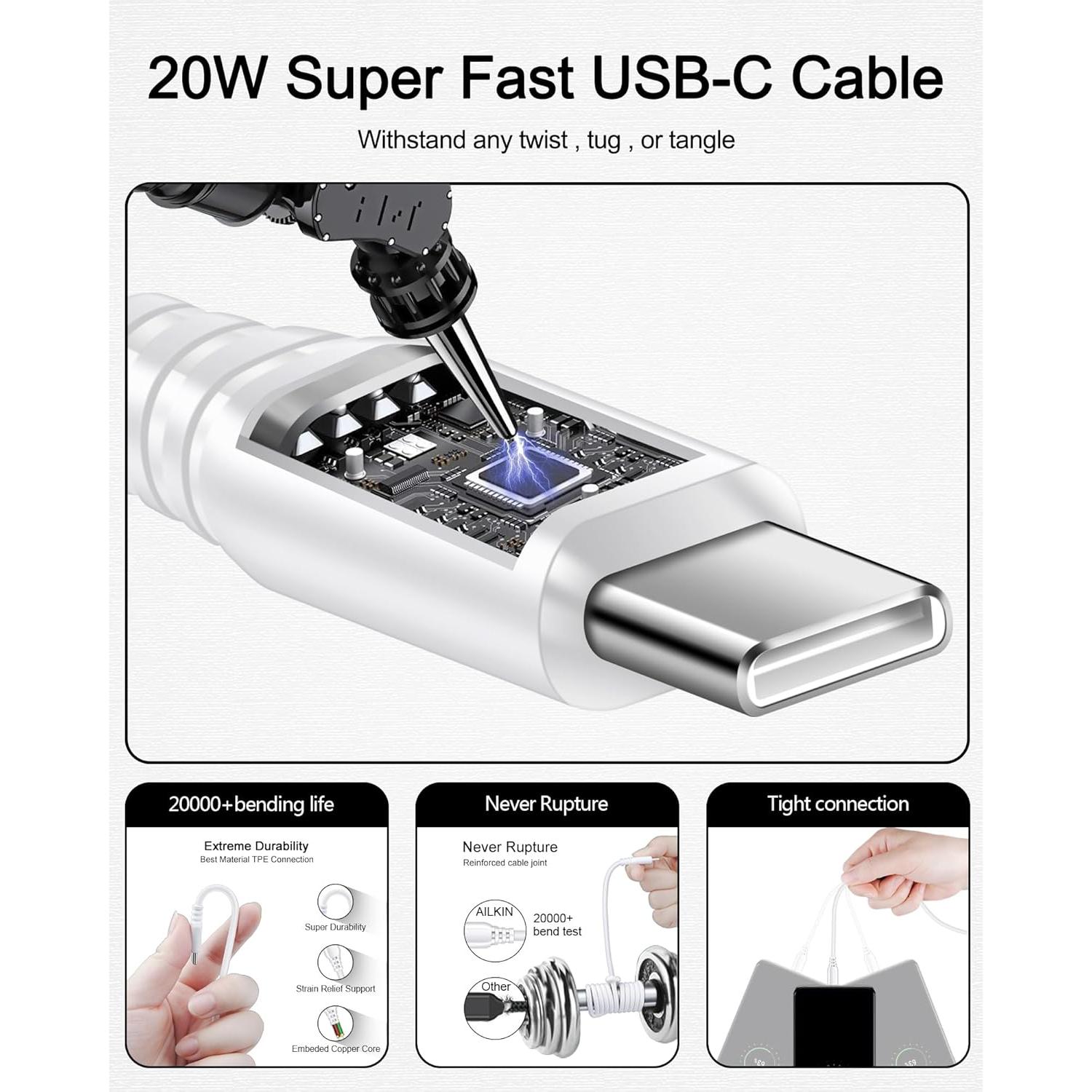 Cargador Rápido 20W AILKIN USB C con Cable 6FT para iPhone 17