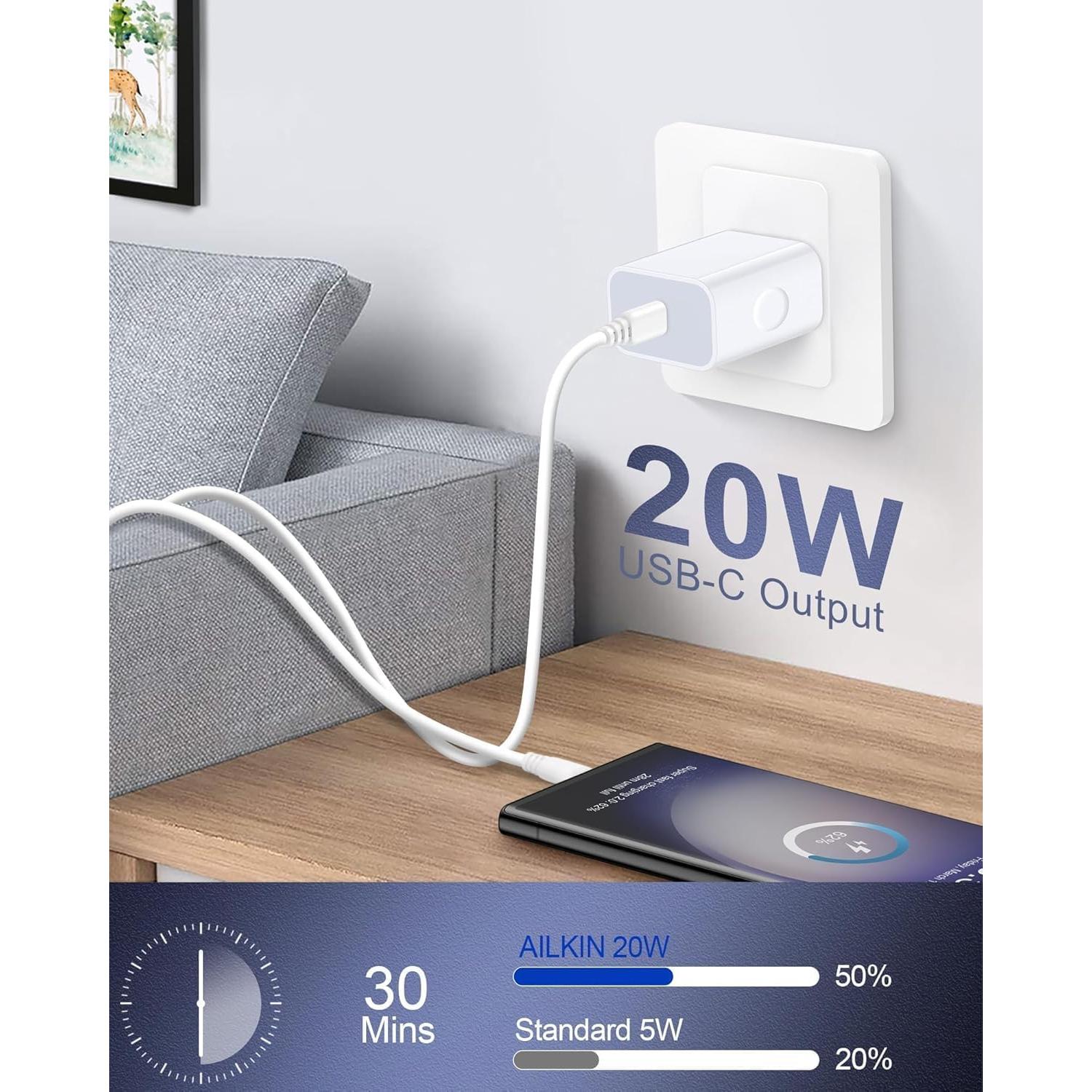 Cargador Rápido 20W AILKIN USB C con Cable 6FT para iPhone 17