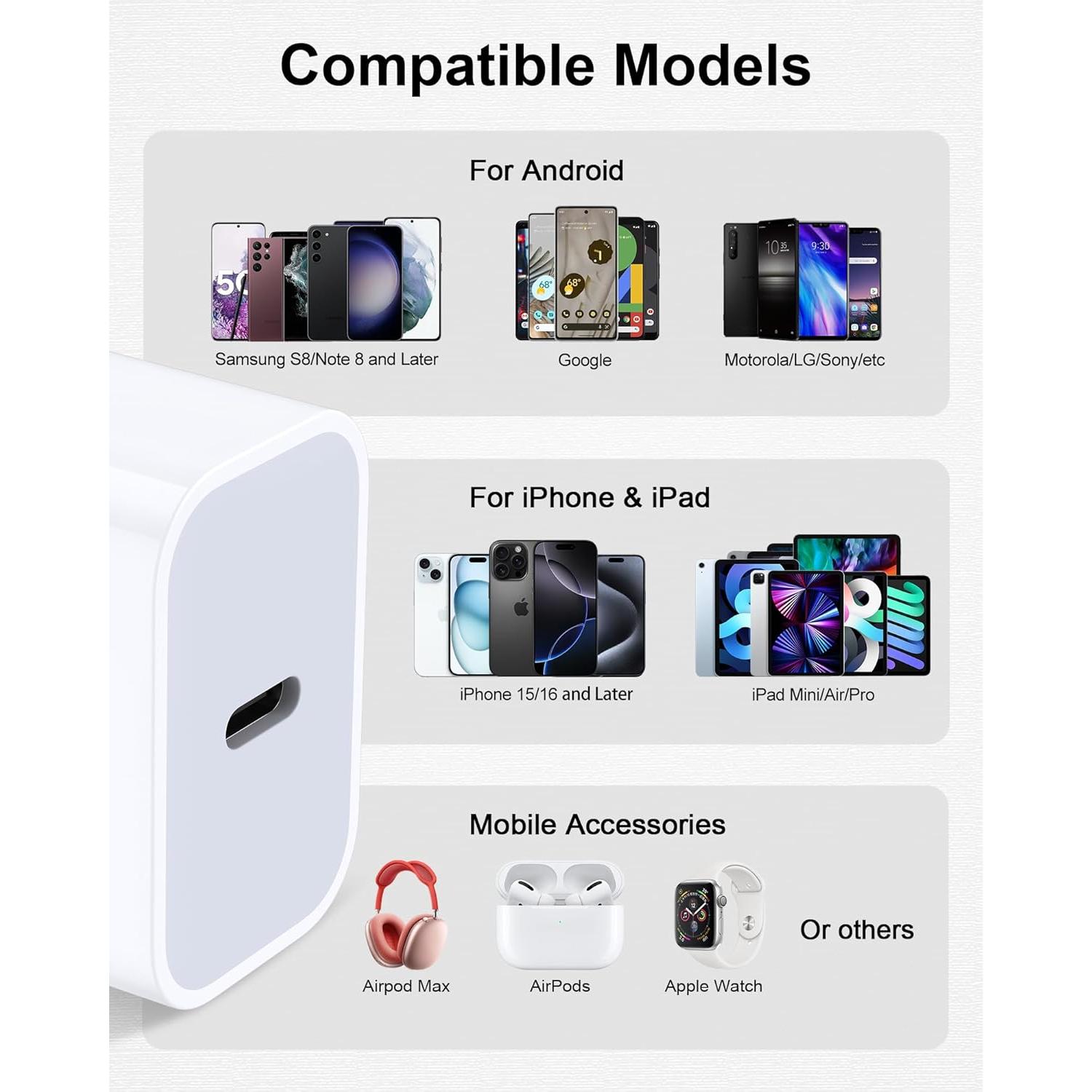 Cargador Rápido 20W AILKIN USB C con Cable 6FT para iPhone 17