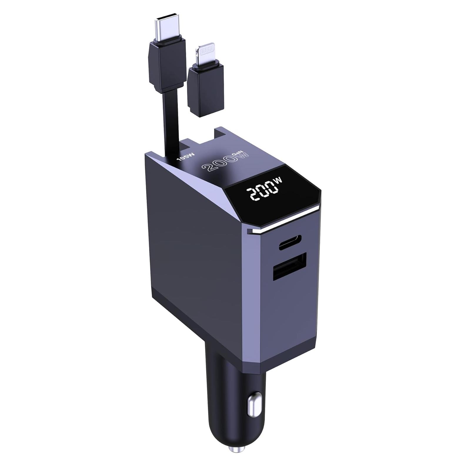 Cargador de Coche Retráctil Aftertop 200W USB C 3-en-1