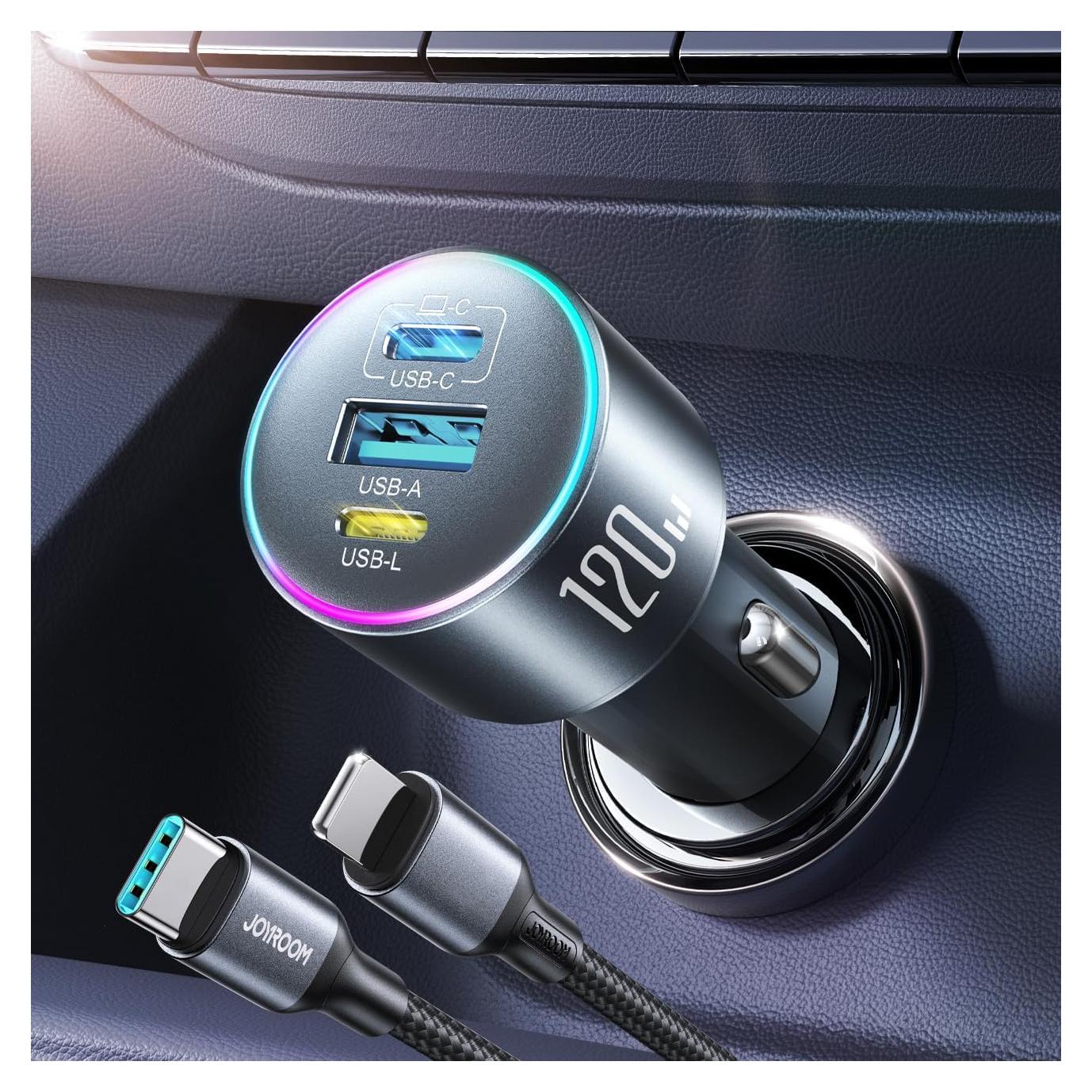 Cargador de Coche USB C JOYROOM 120W 3 Puertos Carga Rápida
