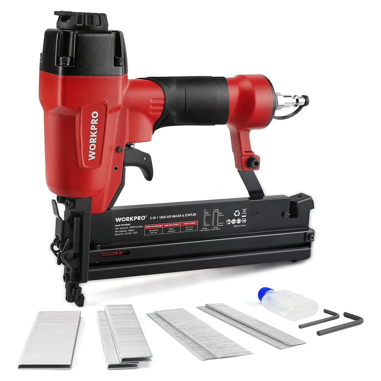 Clavadora Neumática WORKPRO 2 en 1 18 GA con 400 Clavos y 300 Grapas