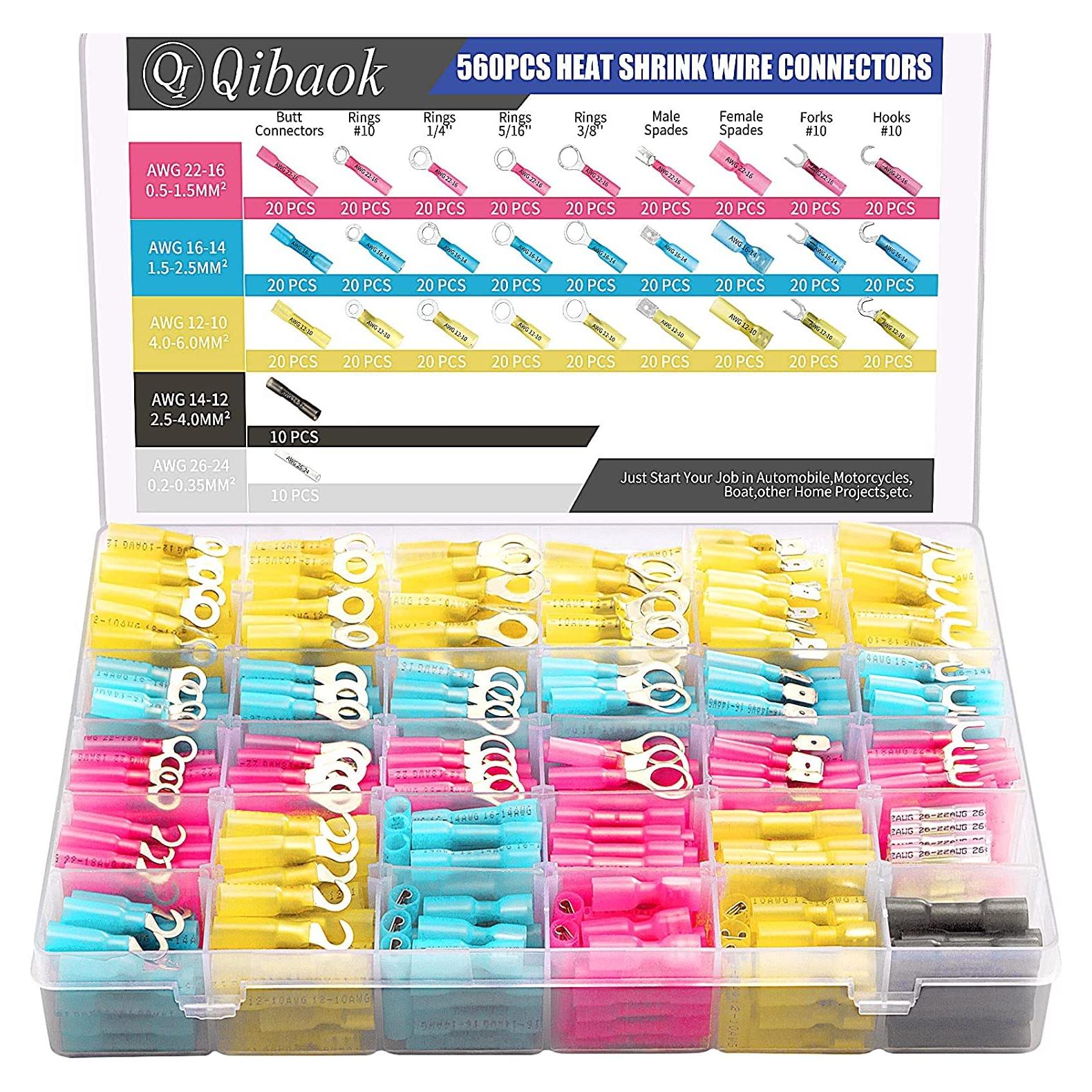 Kit 560 Conectores Termorretráctiles Qibaok 12-10 a 22-16 AWG
