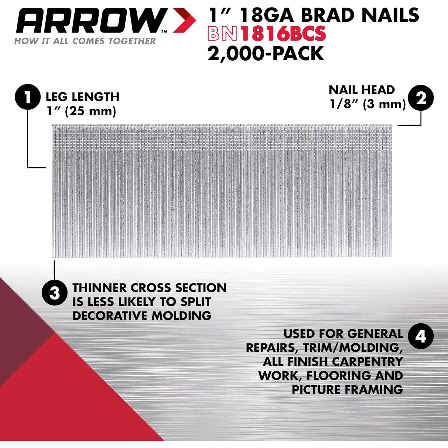 Clavos Brad de Acero 18 Calibres Arrow BN1832CS 1000 Unidades 50 mm