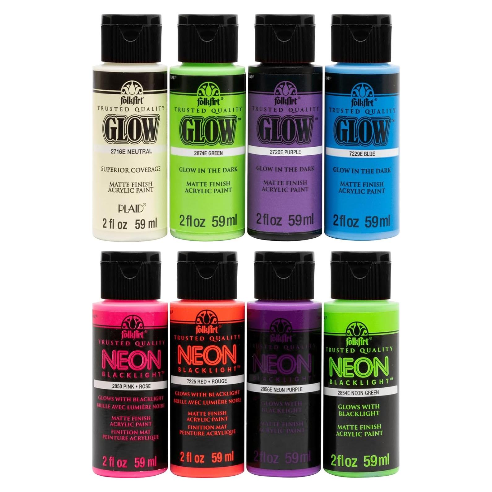 Set de Pintura Acrílica FolkArt Neón y Brilla en la Oscuridad 8 Colores 59 ml