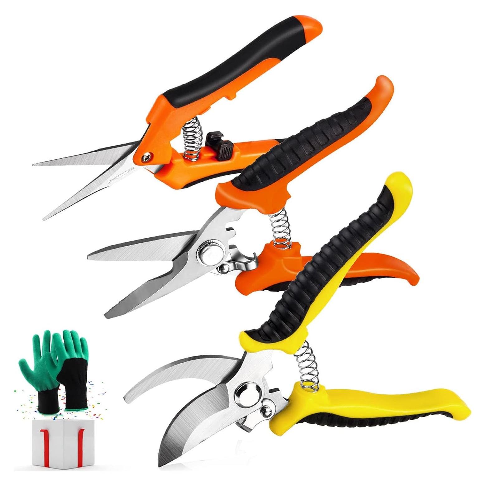 Juego de 3 Tijeras de Jardinería Wevove con Guantes - Acero Inoxidable