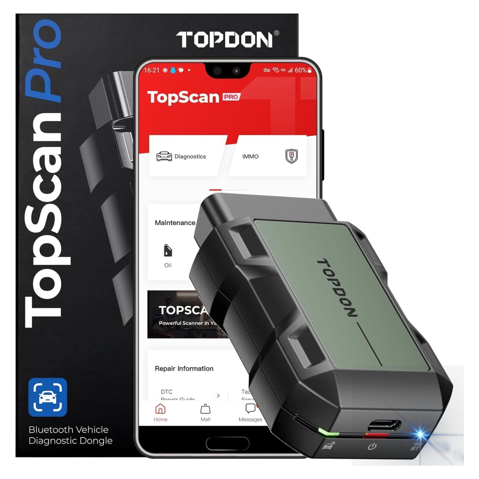 TOPDON TopScan Pro, Wireless OBD2 Scanner Bluetooth for iOS & Android, Diagnostic Scan Tool All System for Car, Bi-Directional Scanner, Code Reader with 13+ Hot Reset Service, FCA AutoAuth