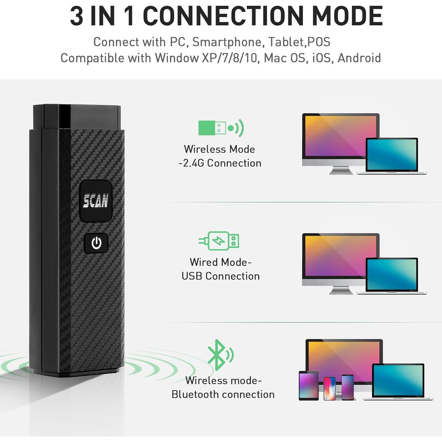 Bluetooth Barcode Scanner, ONEWSCAN Portable 1D 2D PDF417 Wireless Bar Code Scanners Support USB & Bluetooth & Wireless Connection Barcode Reader for Windows, Android, iOS, Tablets