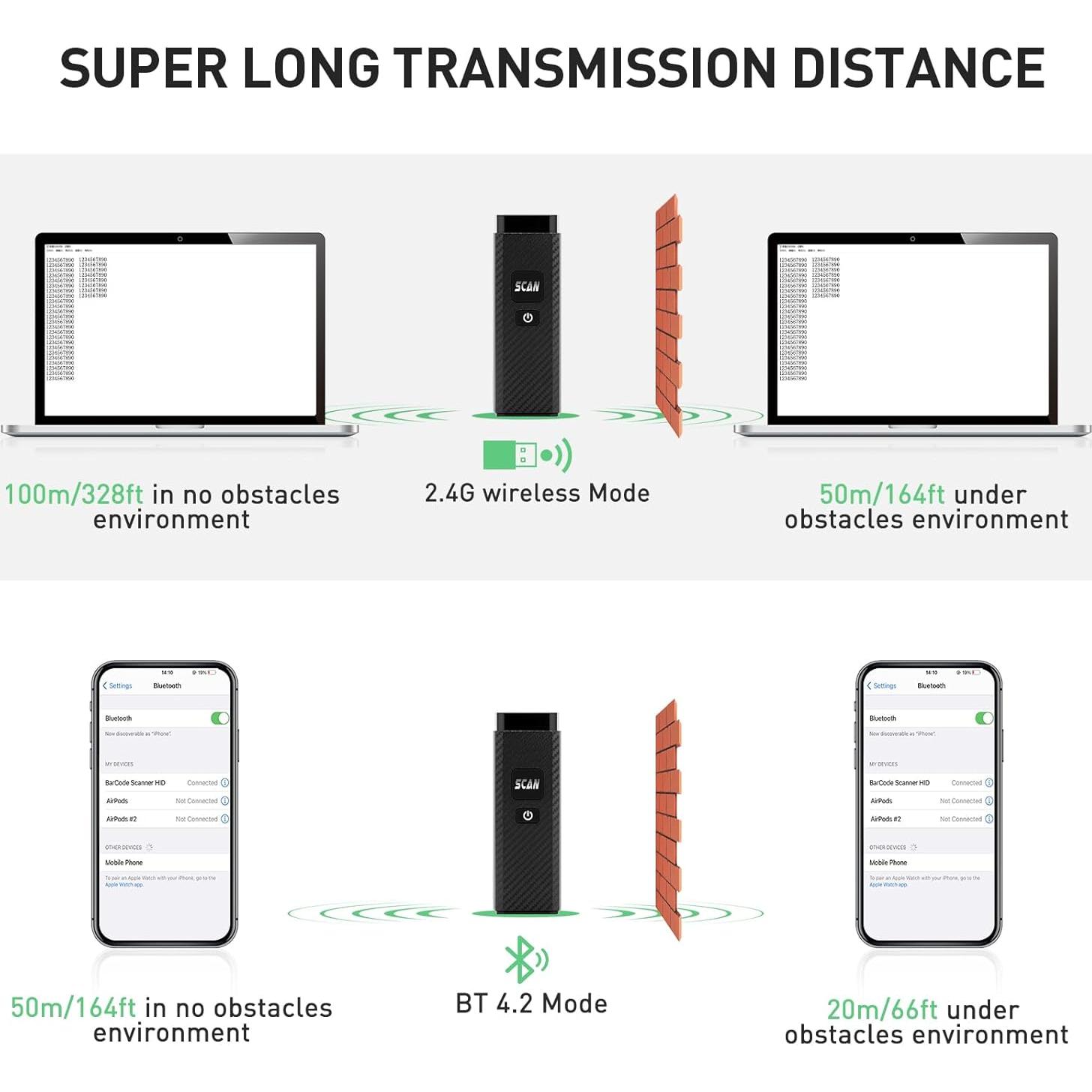 Bluetooth Barcode Scanner, ONEWSCAN Portable 1D 2D PDF417 Wireless Bar Code Scanners Support USB & Bluetooth & Wireless Connection Barcode Reader for Windows, Android, iOS, Tablets