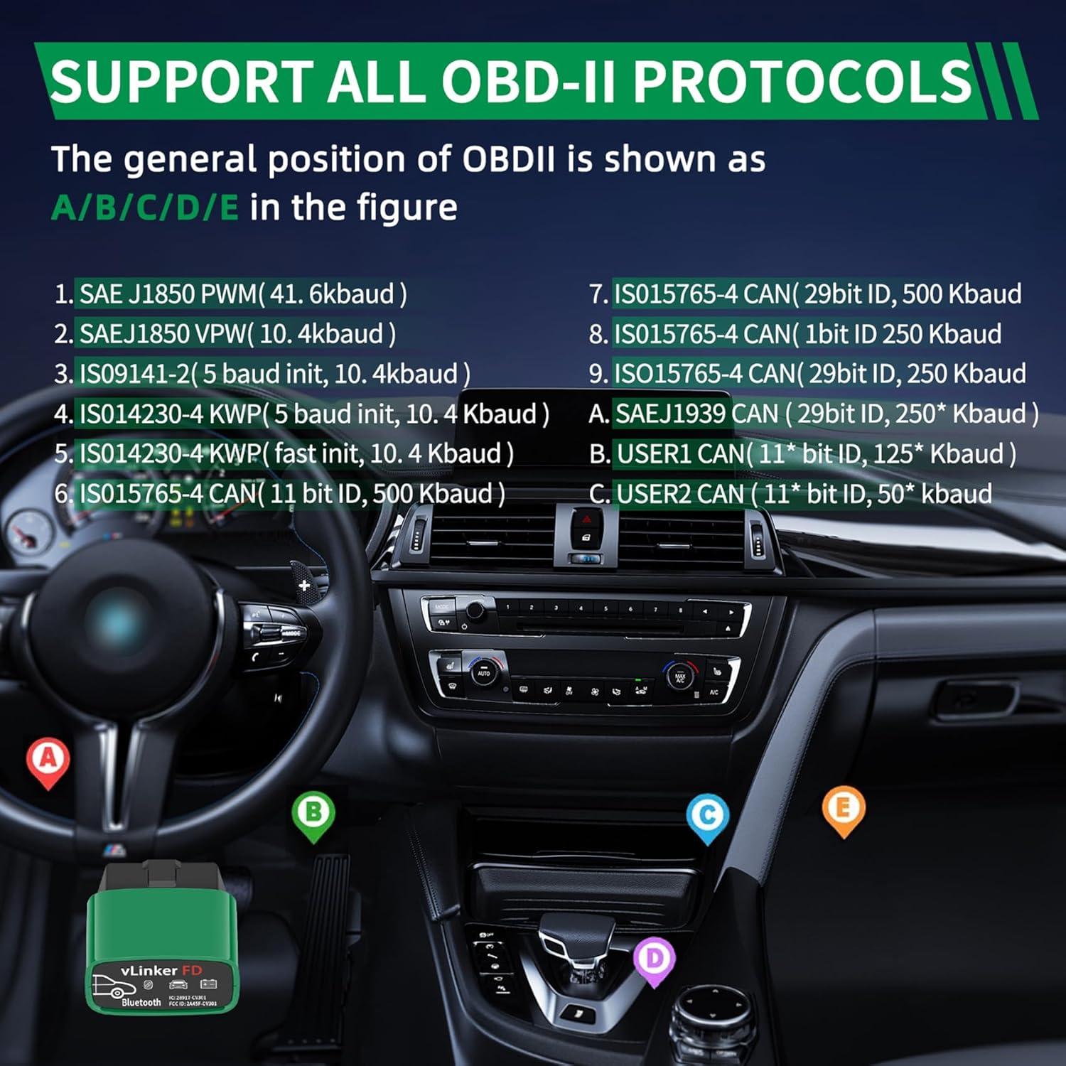 Escáner OBD2 Bluetooth vLinker FD BT3.0 para Android y Windows