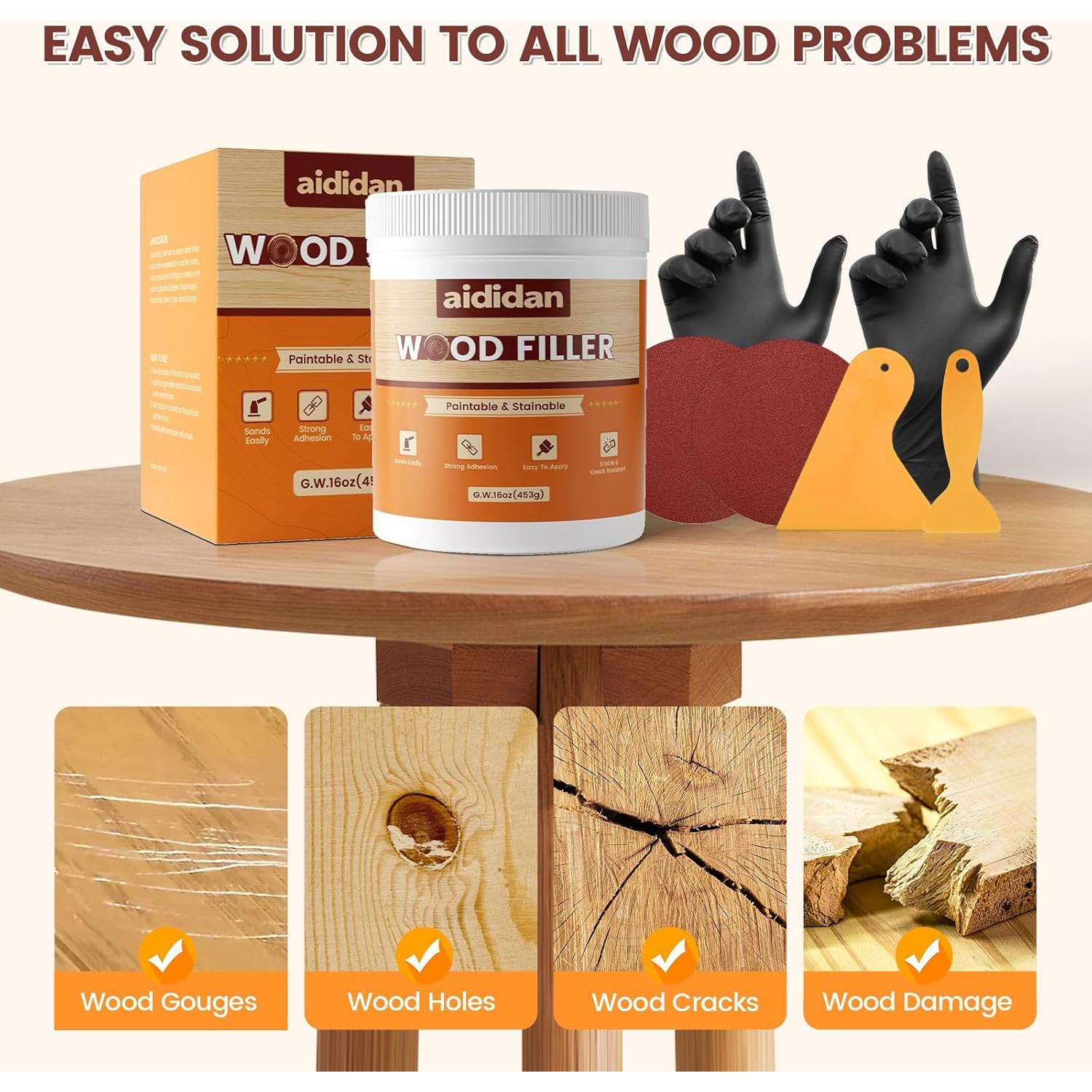 Kit de Reparación de Madera Aididan 16oz Masilla Pintable Blanca