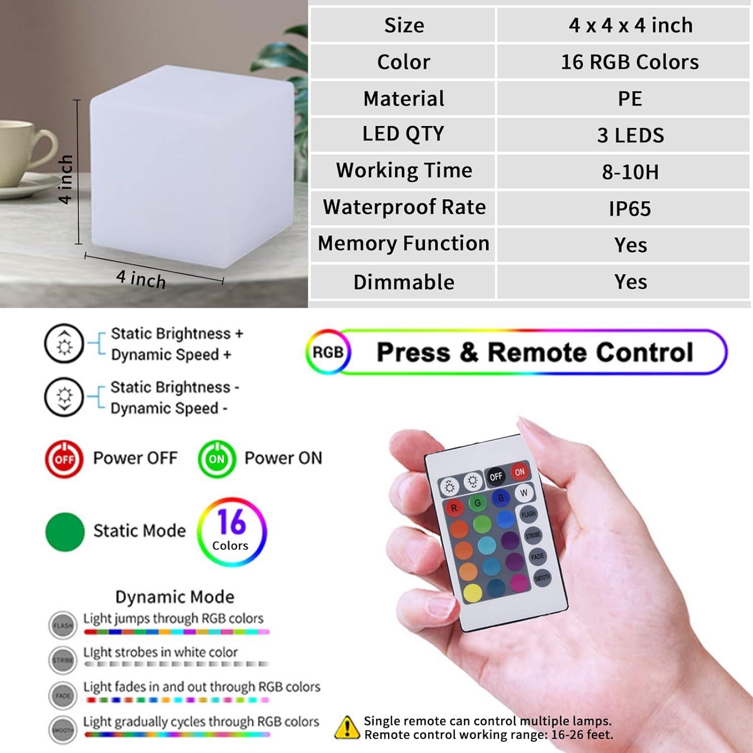Luz LED Cubo Borelor 10cm Recargable 16 Colores Control Remoto