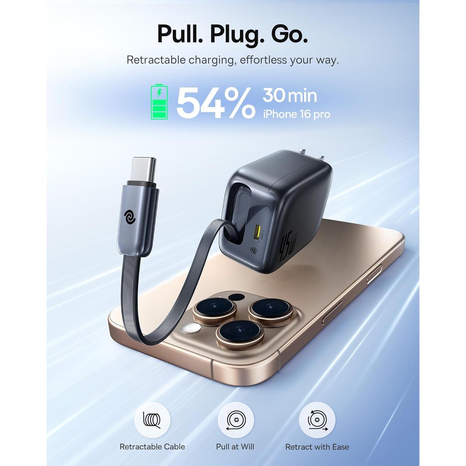 Cargador USB C Retráctil Baseus 45W Doble Puerto Plegable