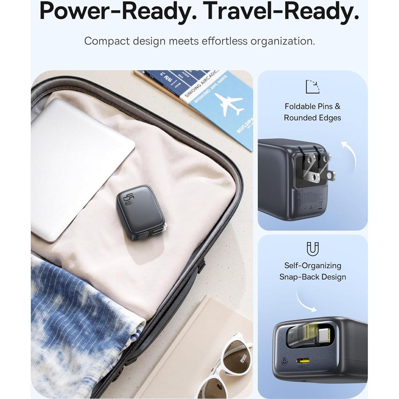 Cargador USB C Retráctil Baseus 45W Doble Puerto Plegable