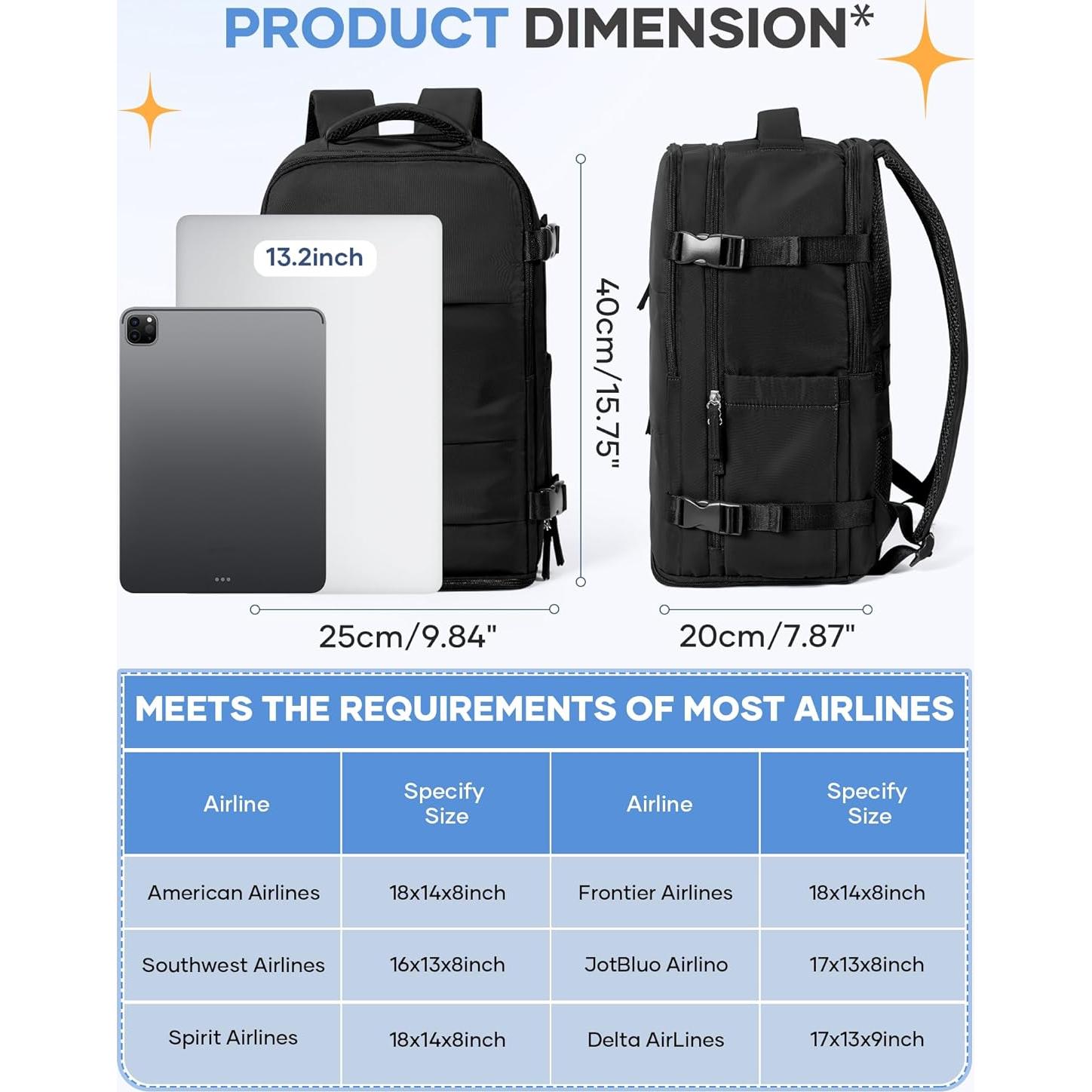 Mochila de Viaje Negra Coofay Aprobada para Aerolíneas 20L