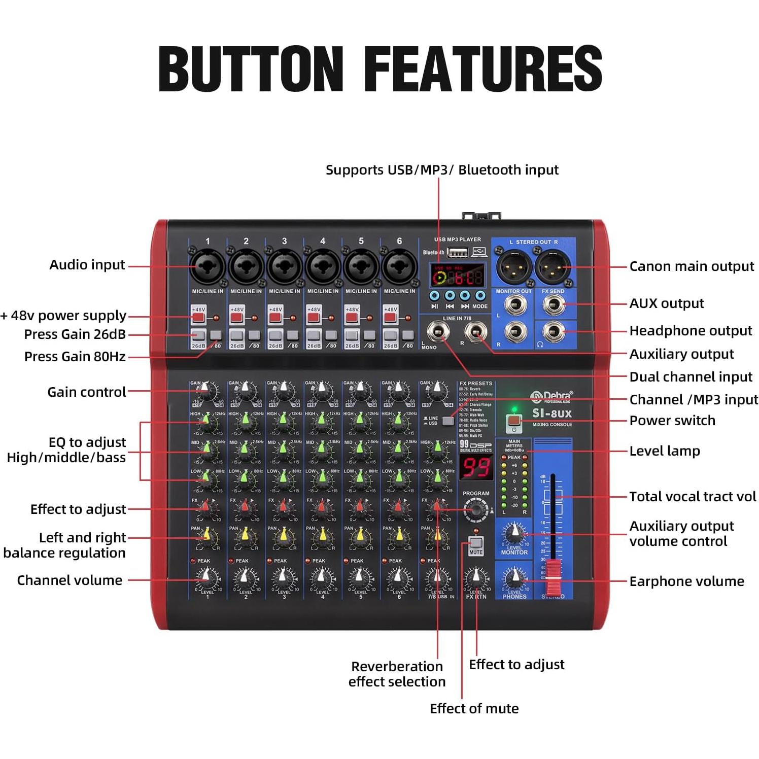Mezclador de Grabación D Debra SI-8UX con 99 Efectos DSP