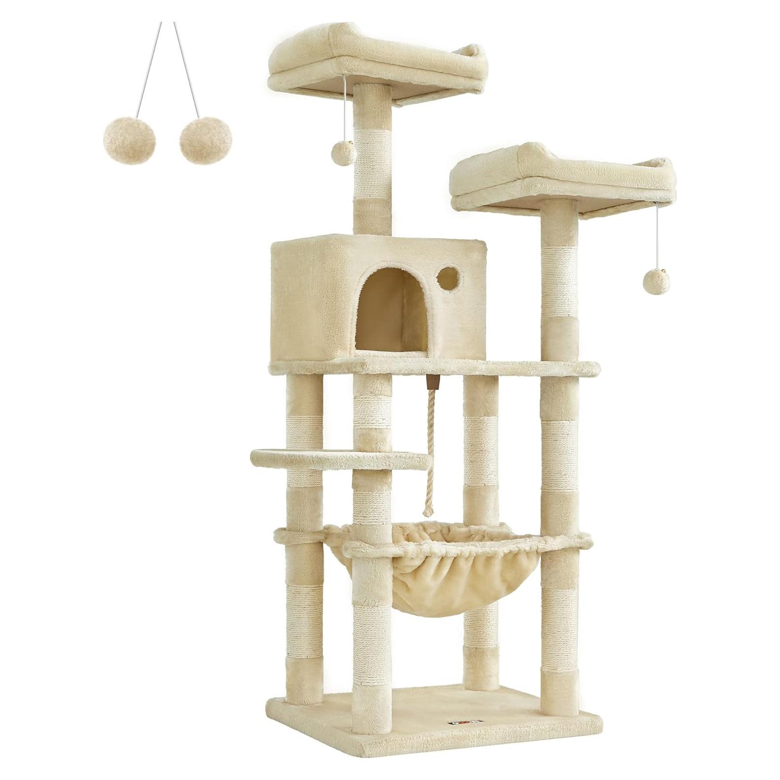 Árbol para Gatos Feandrea 143 cm Beige con 11 Postes y Hamaca