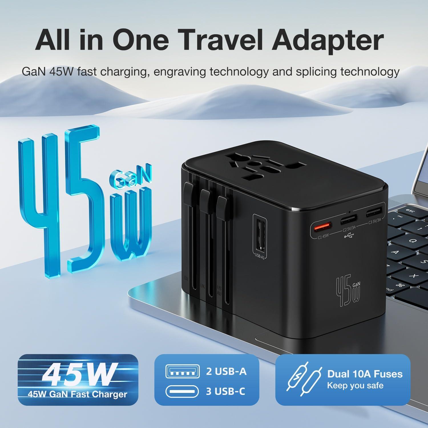 Adaptador de Viaje Universal LWAY 45W con 5 Puertos USB