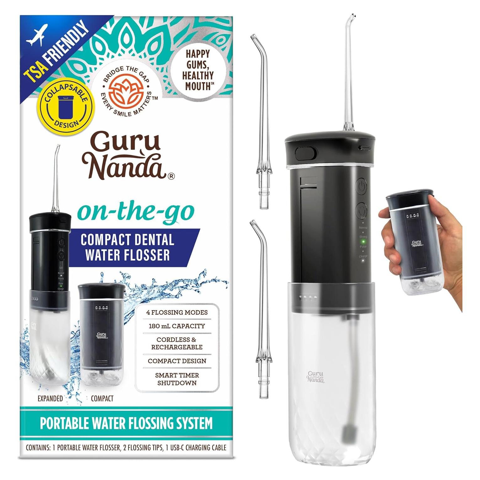 Irrigador Oral Portátil GuruNanda Negro, Hilo Dental Compacto 180 ml