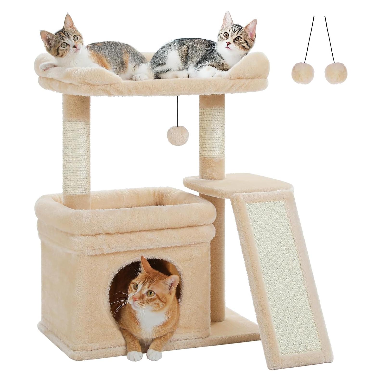 Torre para Gatos PEQULTI Beige con Perchero y Rascador